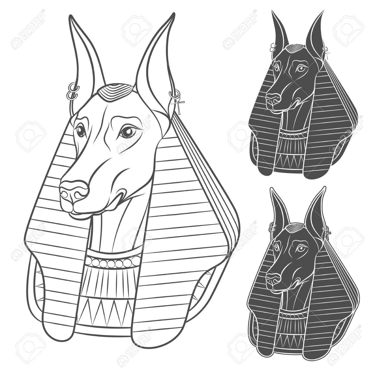 Set Of Black And White Image With Anubis Vector Isolated Objects