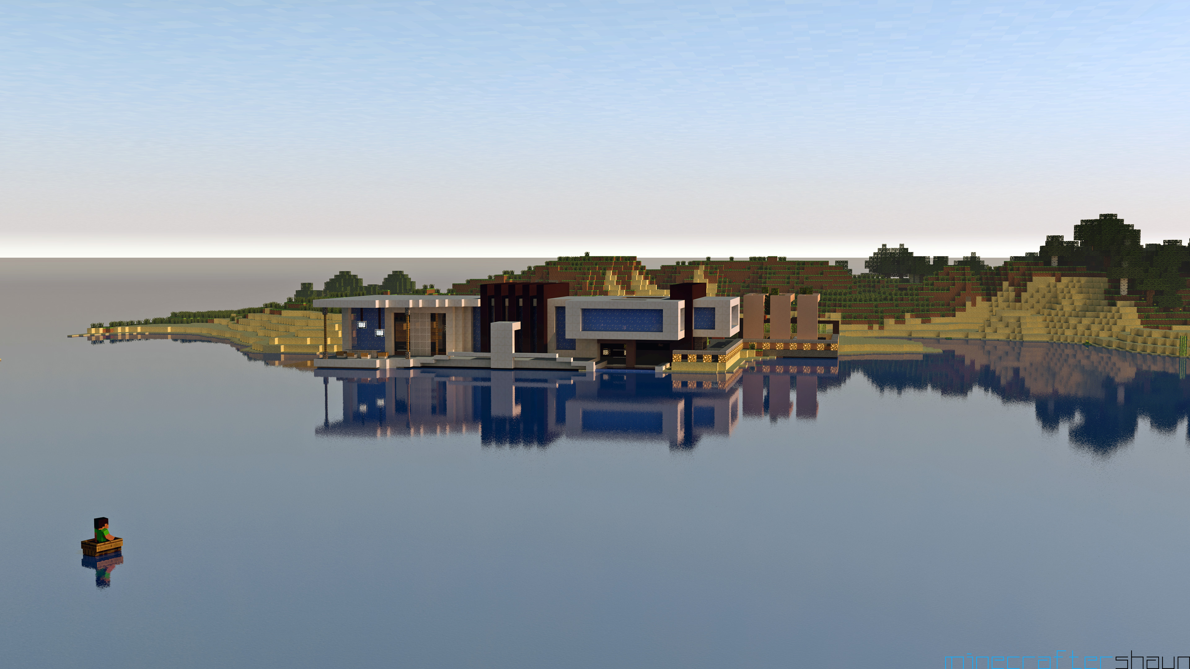 A Minecraft screenshot showcasing a modern house built on a small island in a vast ocean, with a player in a boat in the foreground