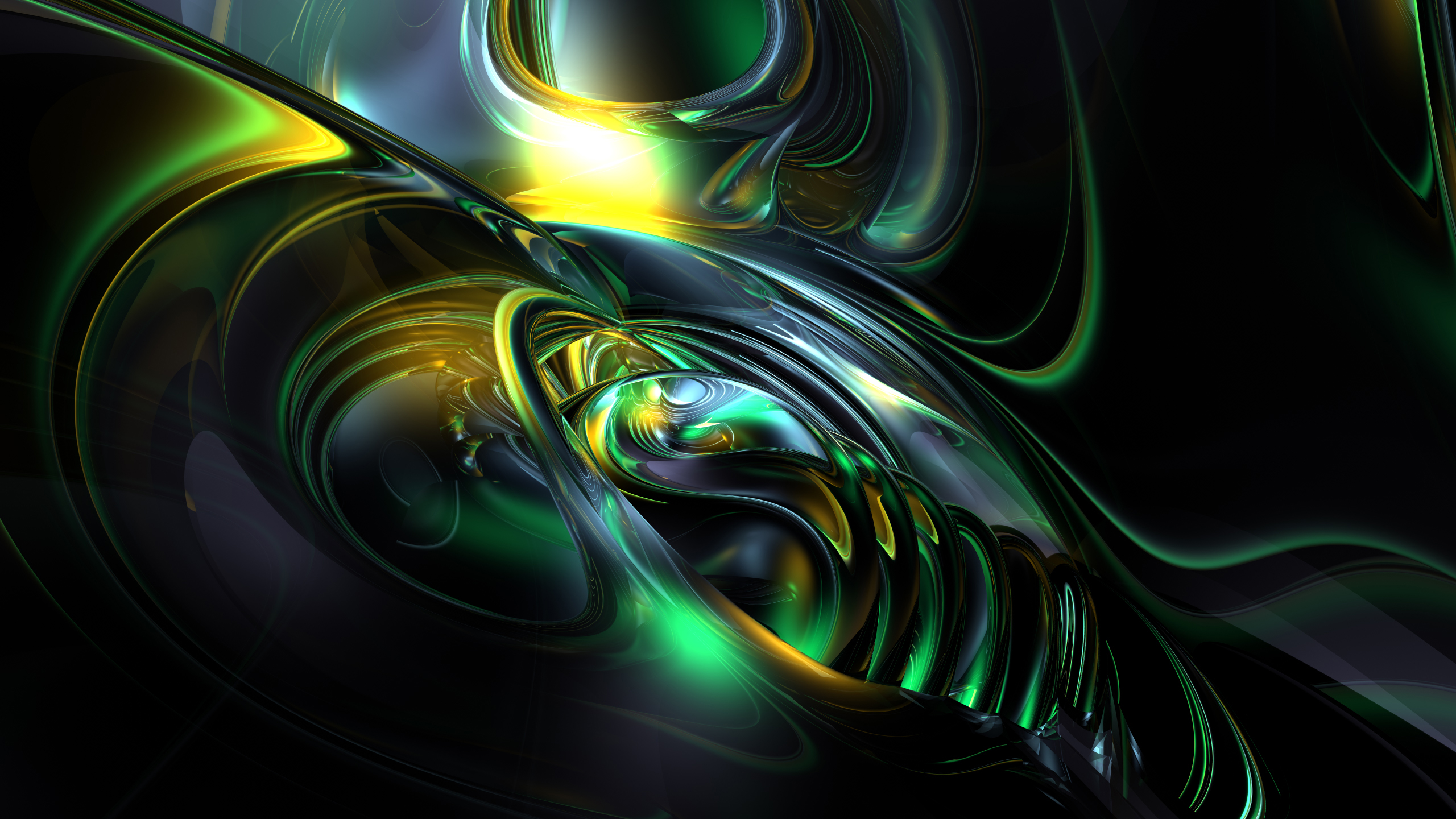 Abstract 3D wallpaper with swirling green and gold shapes on a dark background
