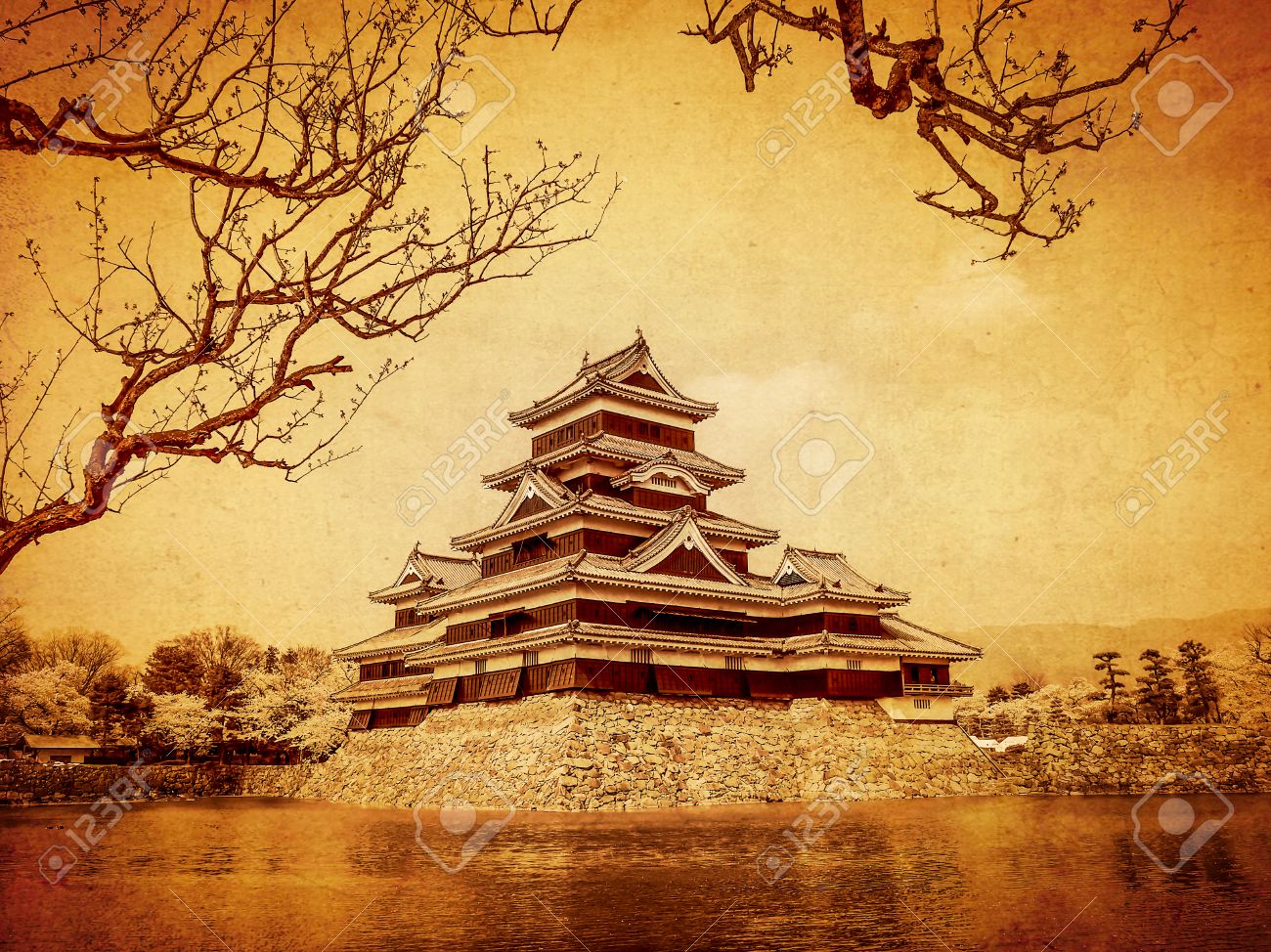 Matsumoto Castle In Old Paper Background Japan Stock Photo