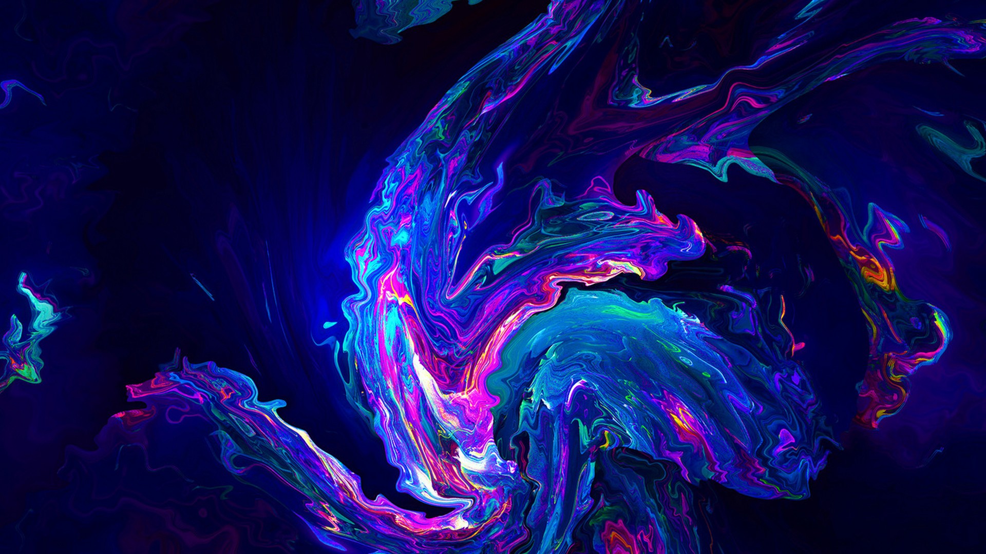 Abstract neon blue swirls and waves in a dark background, creating a vibrant and energetic wallpaper
