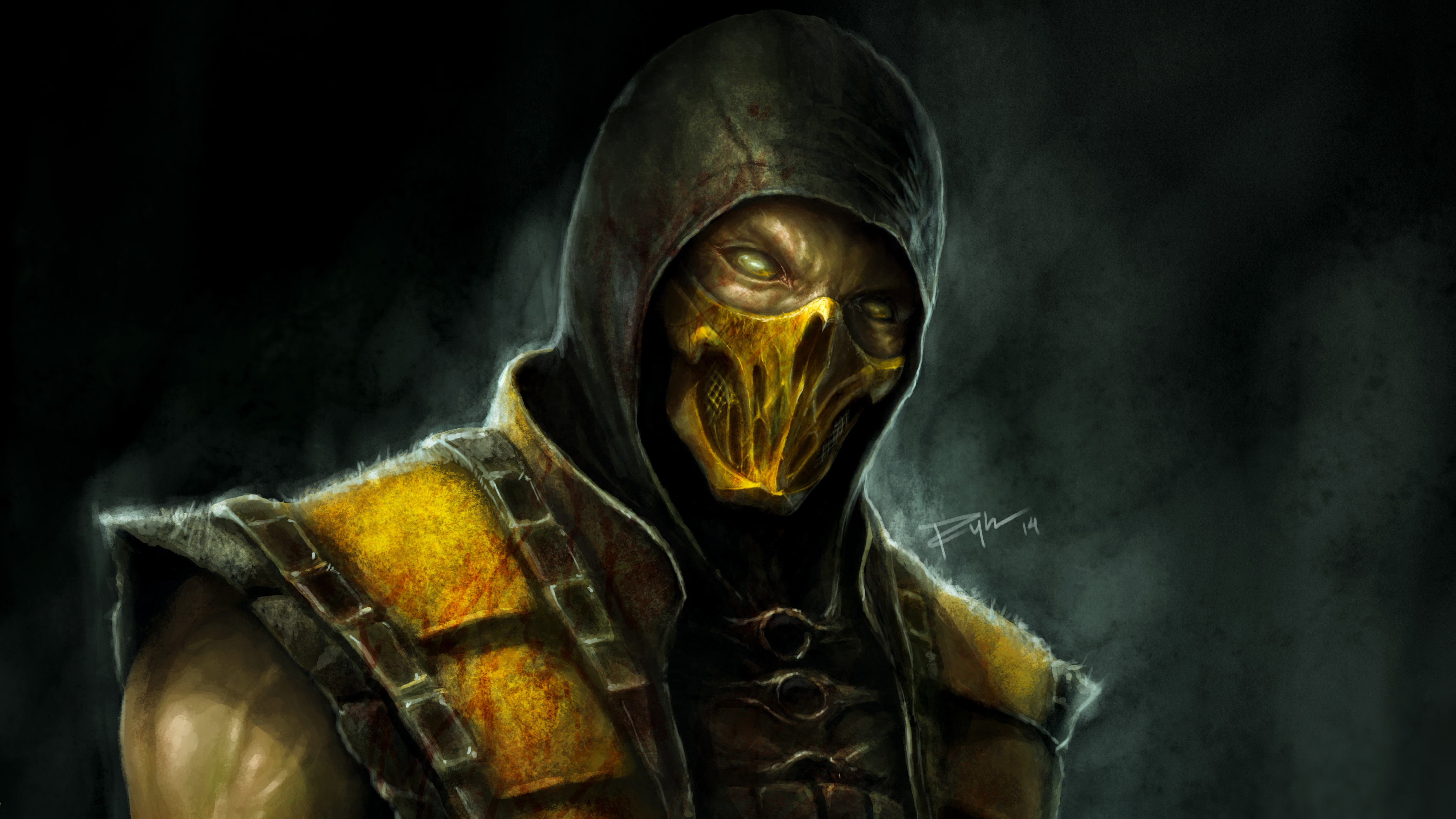 Close-up of Scorpion from Mortal Kombat, wearing his signature yellow ninja outfit and mask