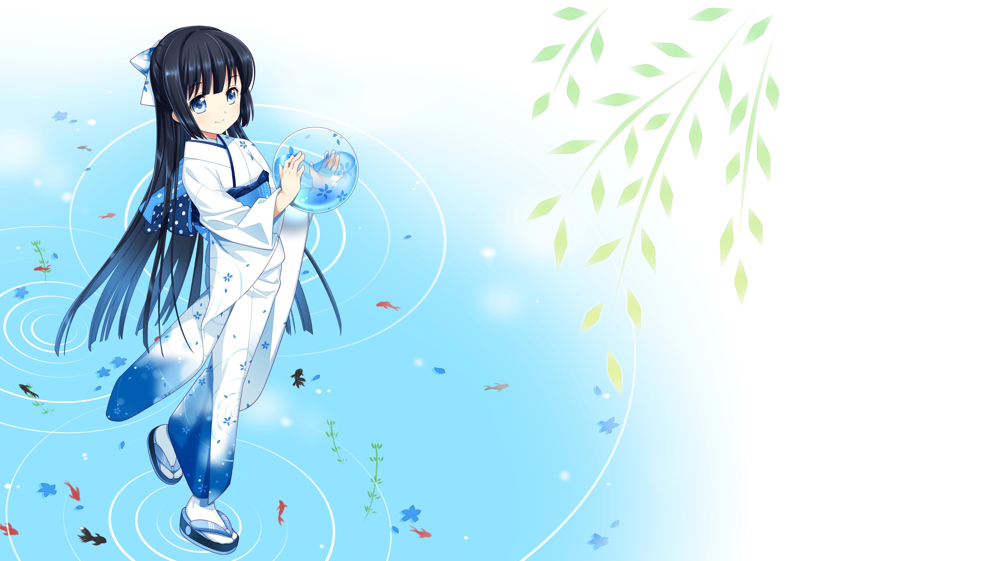 Cute anime girl in a yukata holding a glass orb with fish, set against a backdrop of swirling water and willow branches