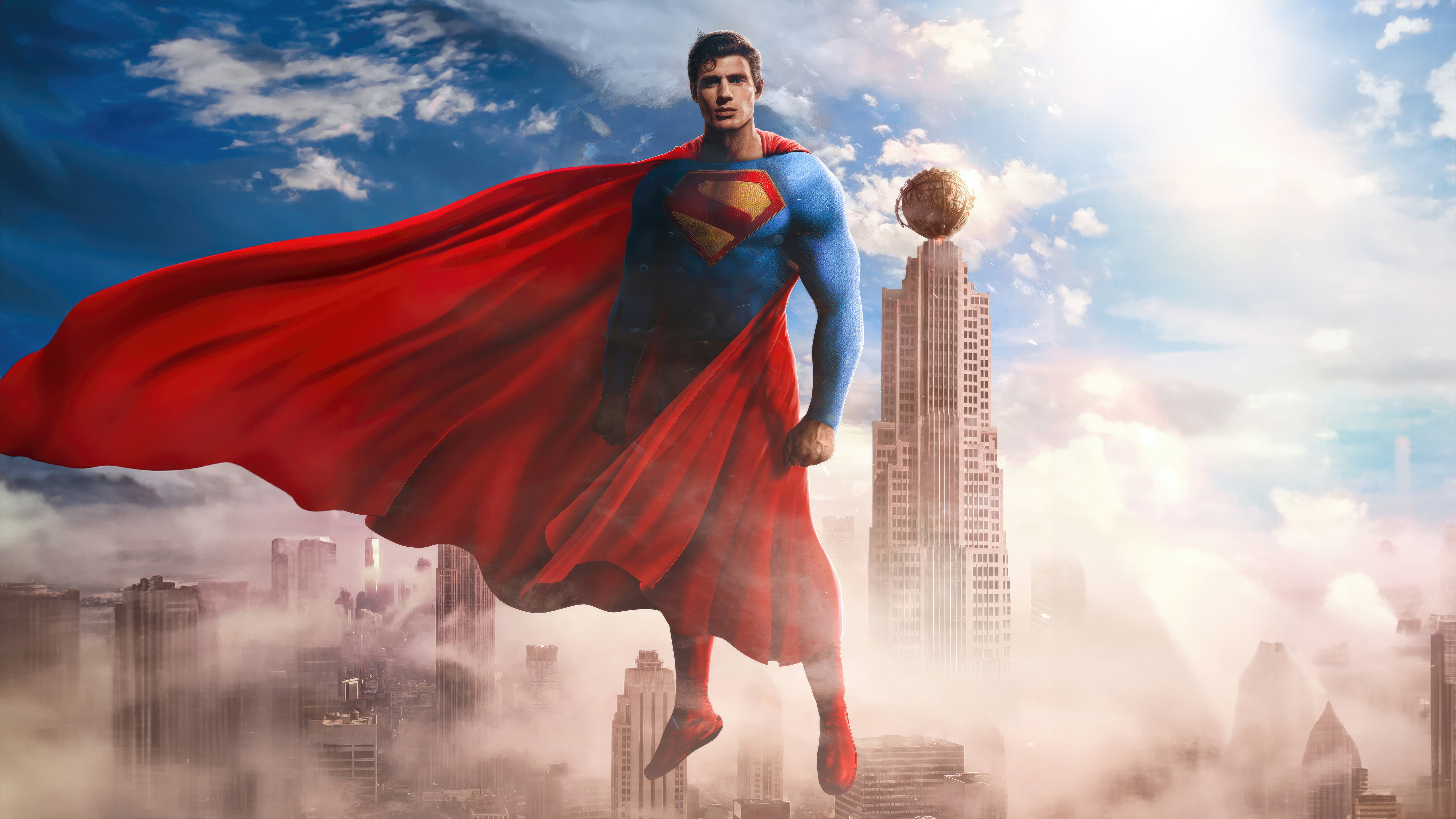 Superman soaring over a Metropolis-like cityscape, with a Daily Planet-esque globe atop a skyscraper