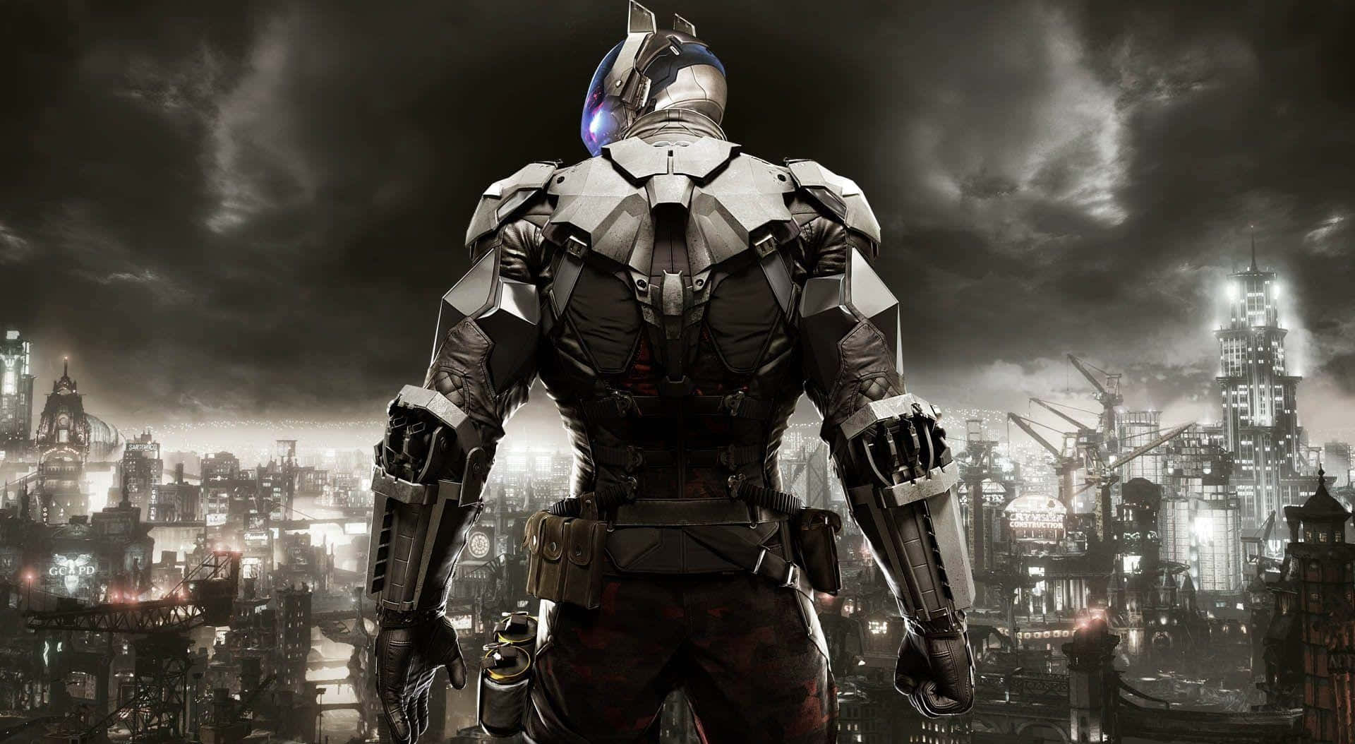 A 4K wallpaper featuring a futuristic, armored character, possibly a superhero, standing against a dark, moody cityscape backdrop