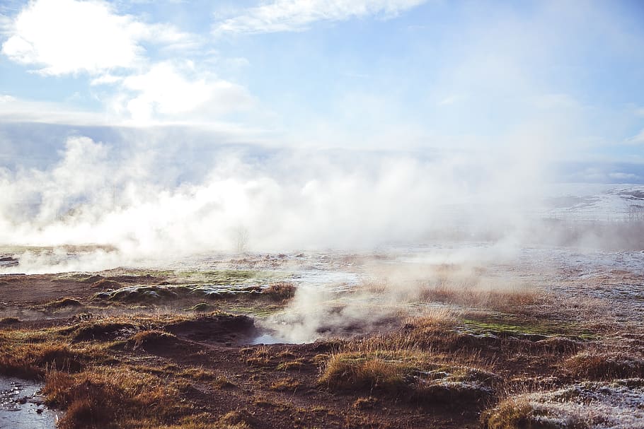 HD Wallpaper Iceland Selfoss Strokkur Geysir Fog Grassland