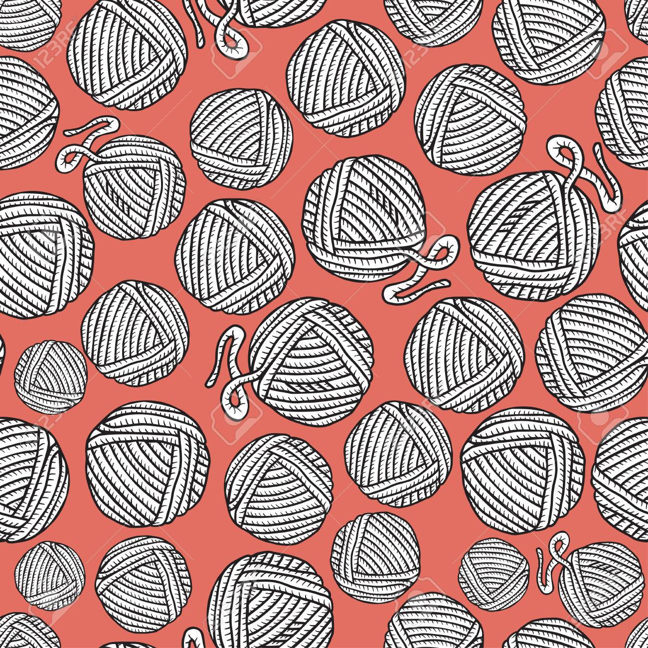 Seamless Pattern With Hand Drawn Balls Of Yarn On Orange