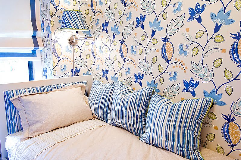 Floral Wallpaper Striped Headboard And Matching Accent Pillows