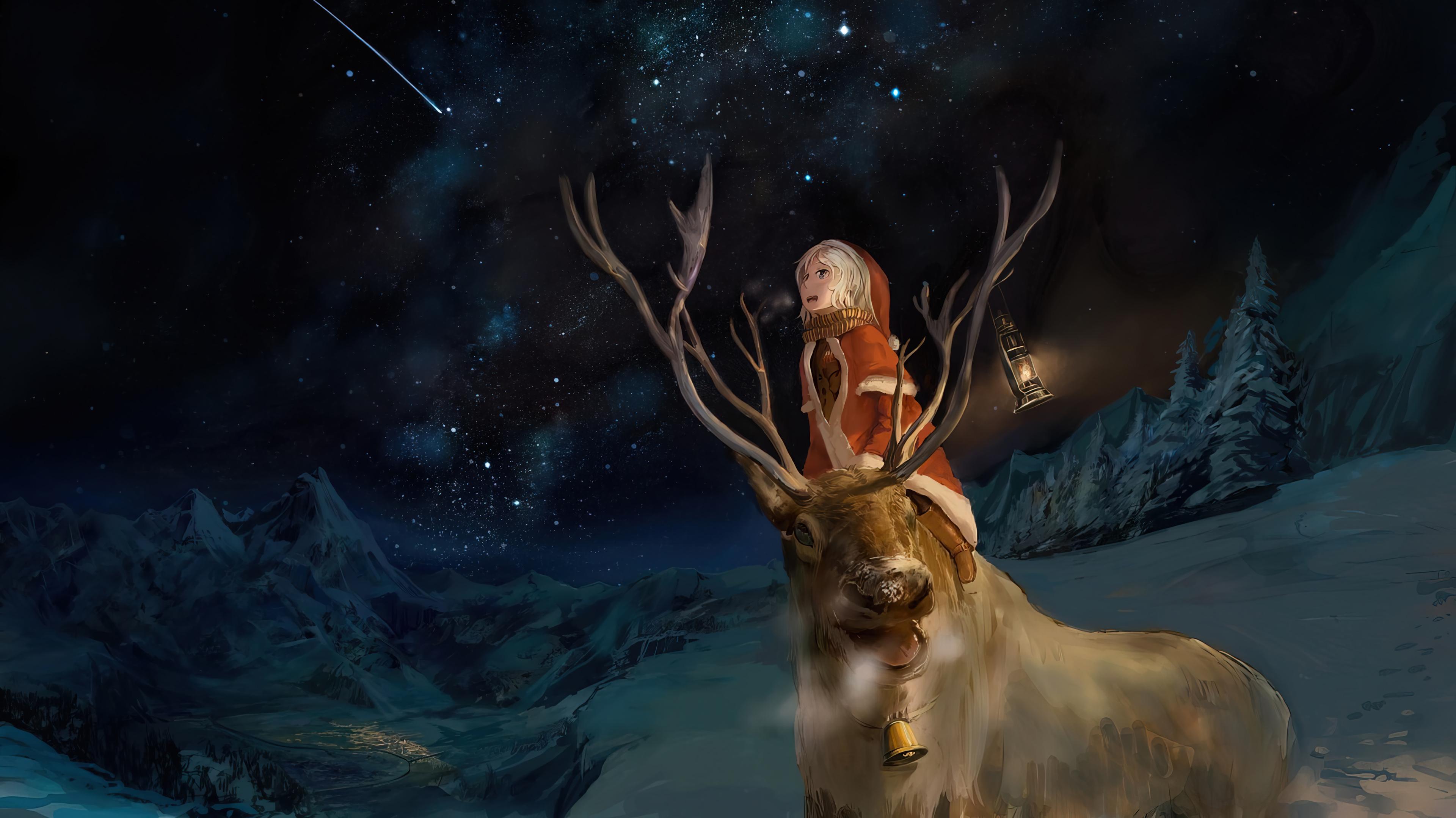 Santa Anime Girl Reindeer Night Stars Scenery Christmas Wallpaper