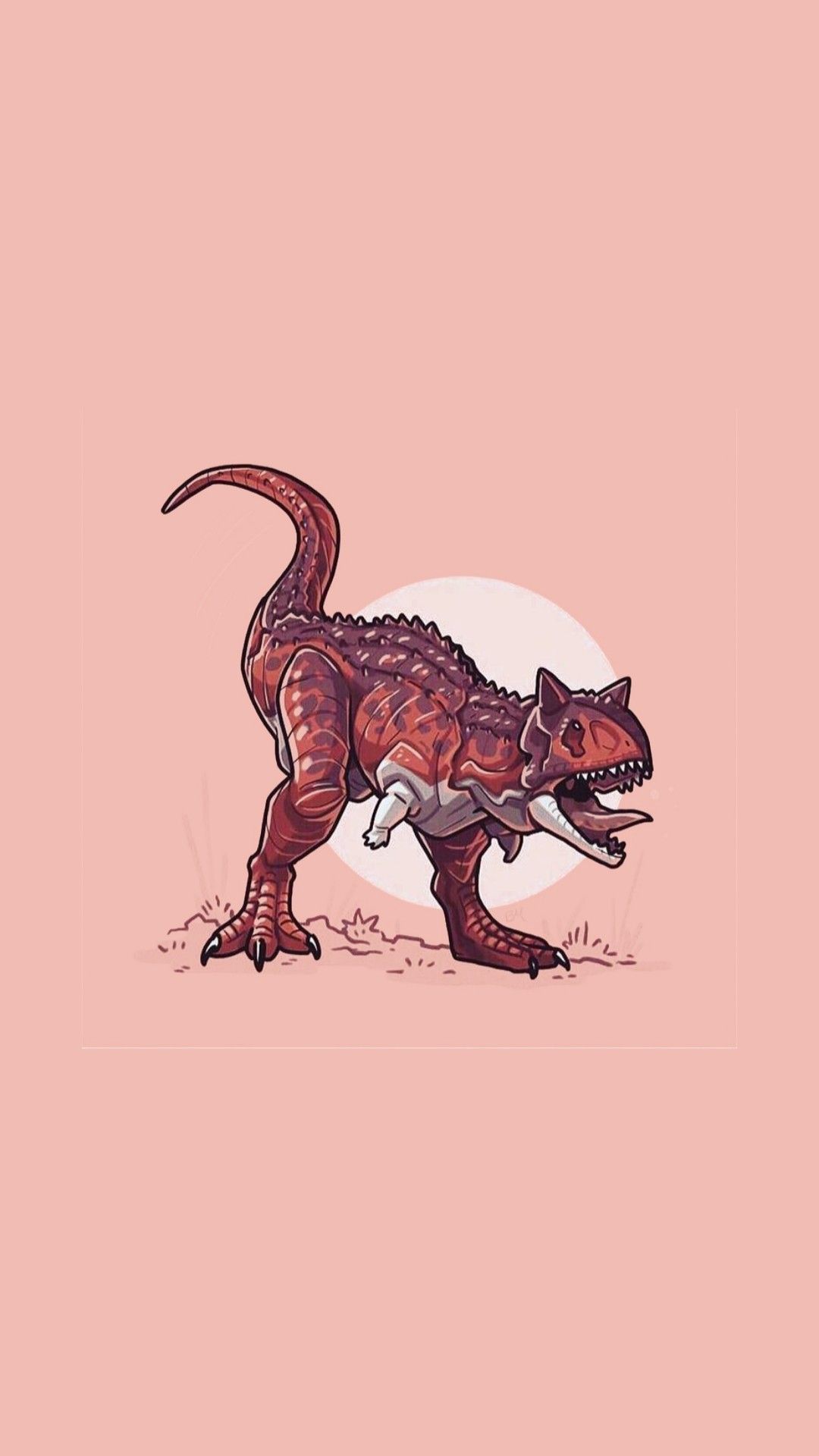 A cute, cartoon-style illustration of a Majungasaurus dinosaur against a light pink background. The dinosaur is depicted with exaggerated features, adding to its charm