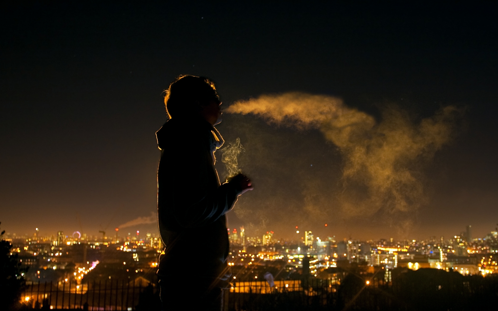 Boy Cities Scenic Lights Night Cigarette Smoke Wallpaper Background