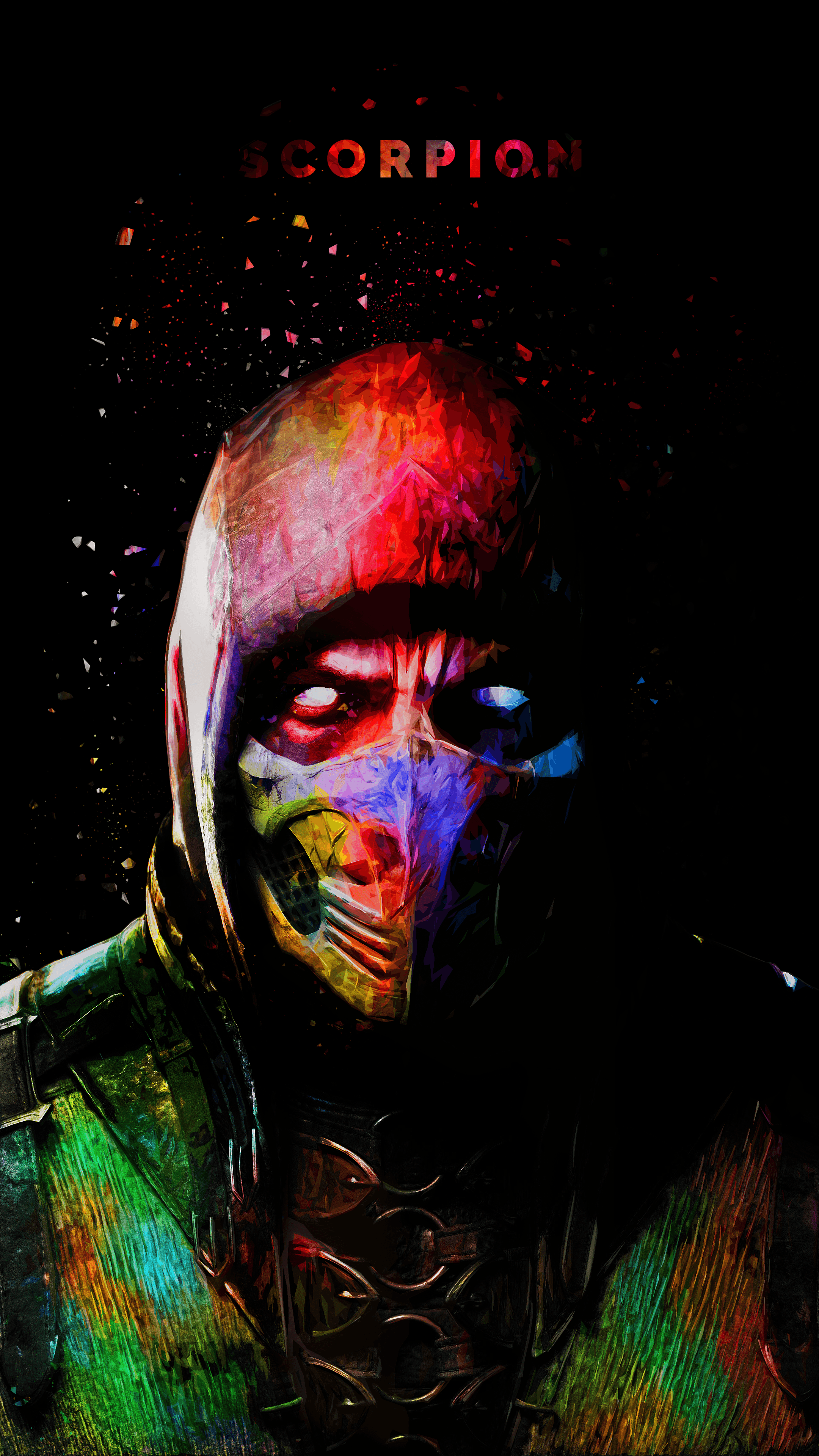 Vivid and colorful artwork of Scorpion from Mortal Kombat against a dark background, suitable for AMOLED screens