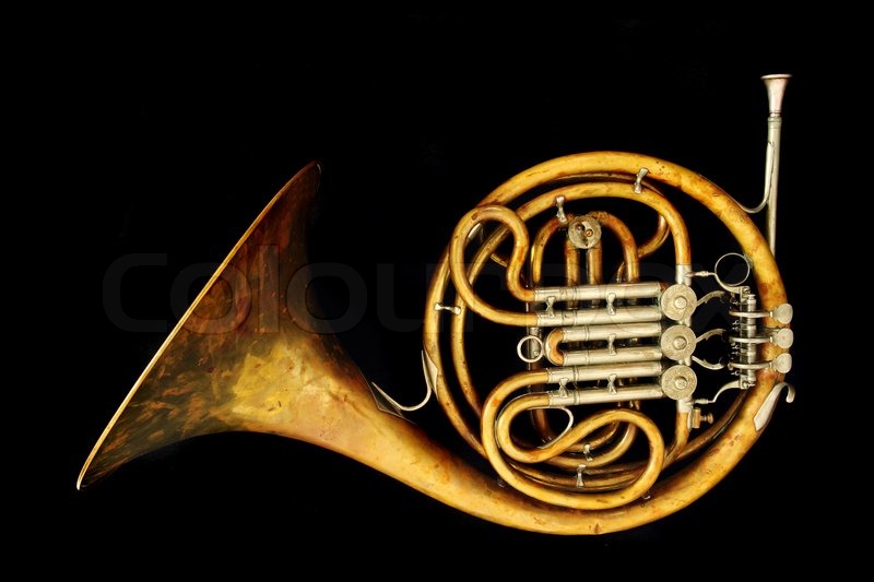 Image Old French Horn Isolated On The Black Background
