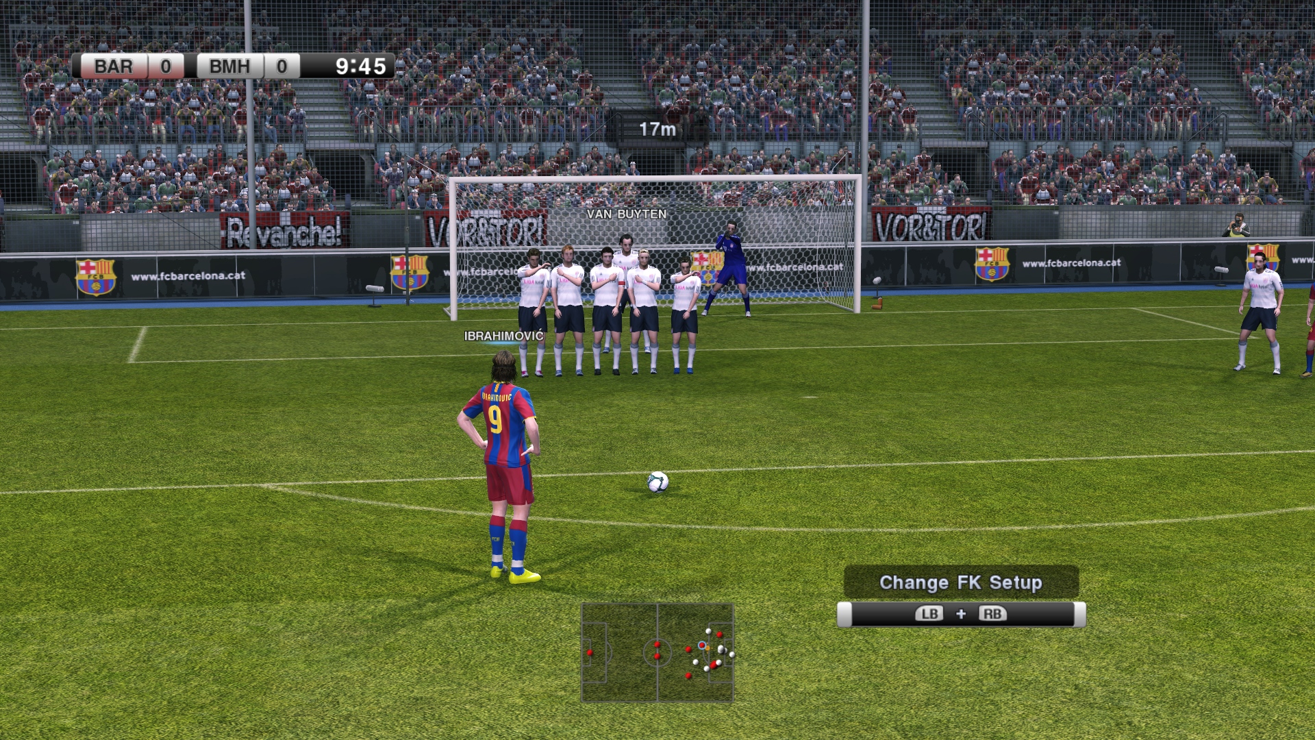 Zlatan Ibrahimovic taking a free kick in PES 2011 or 2012, with the score tied at 0-0 between Barcelona and Bayern Munich