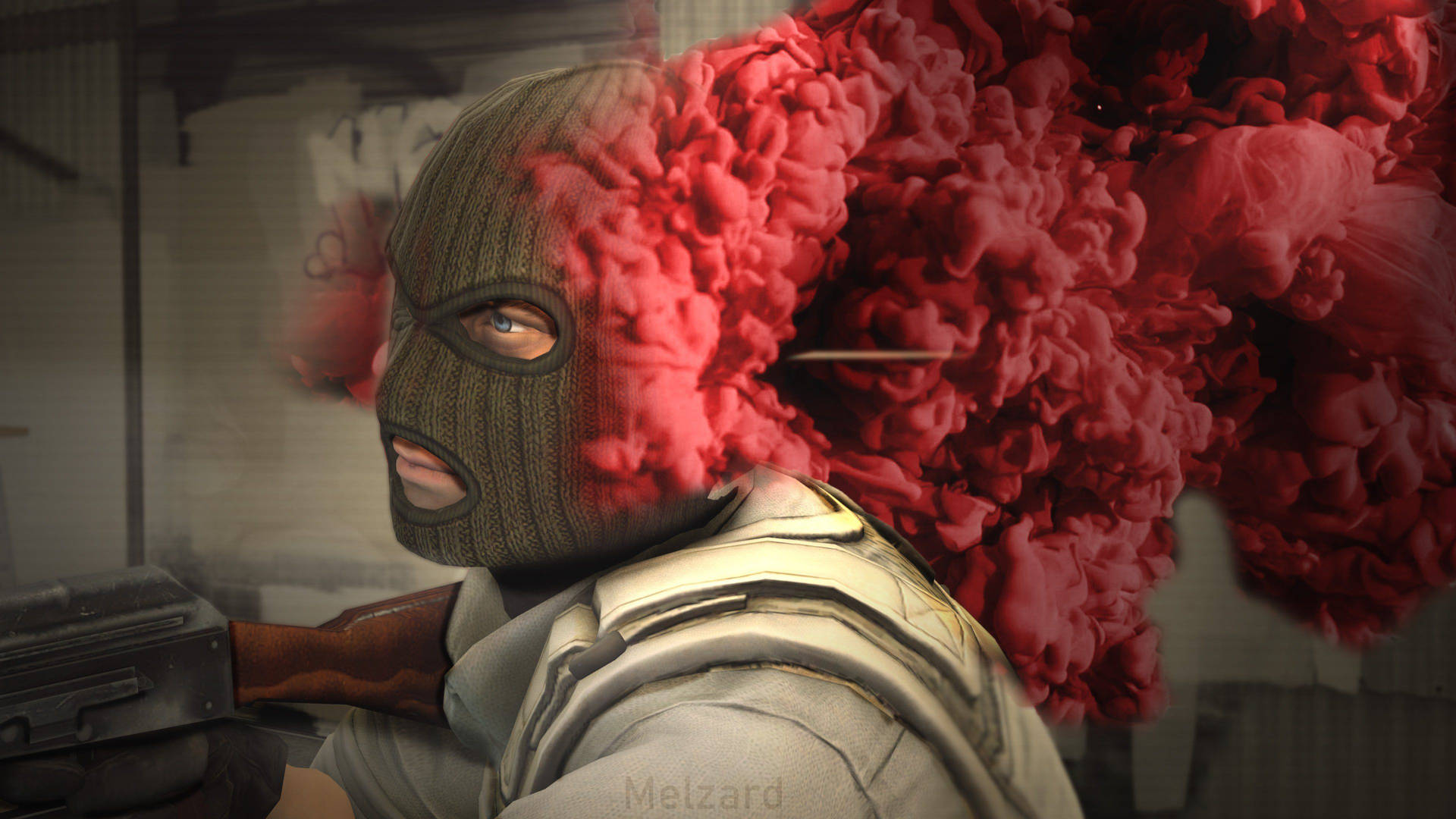 A Counter-Strike: Global Offensive player wearing a balaclava and holding an AK-47, with a vibrant red smoke effect in the background