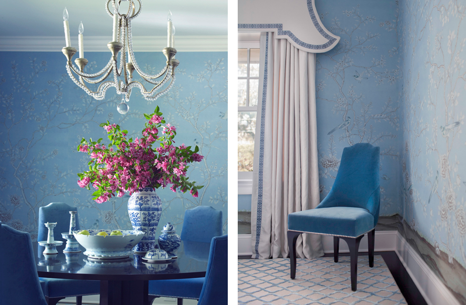 collection of blue and white Chinese porcelain and Gracie wallpaper
