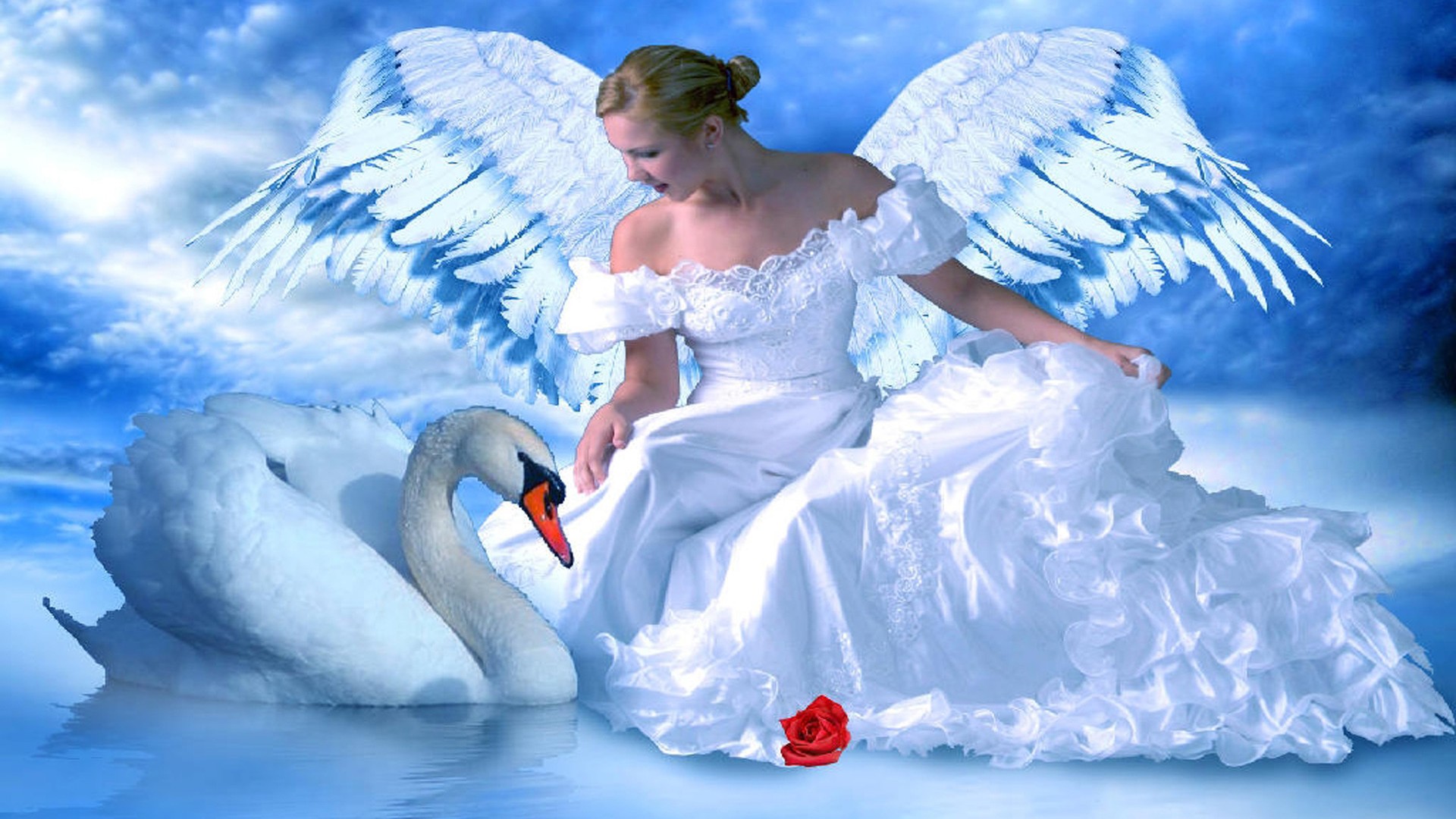 Free Download Swan Lake Blue Angel Girl Red Rose Fantasy Art Beautiful Desktop X For