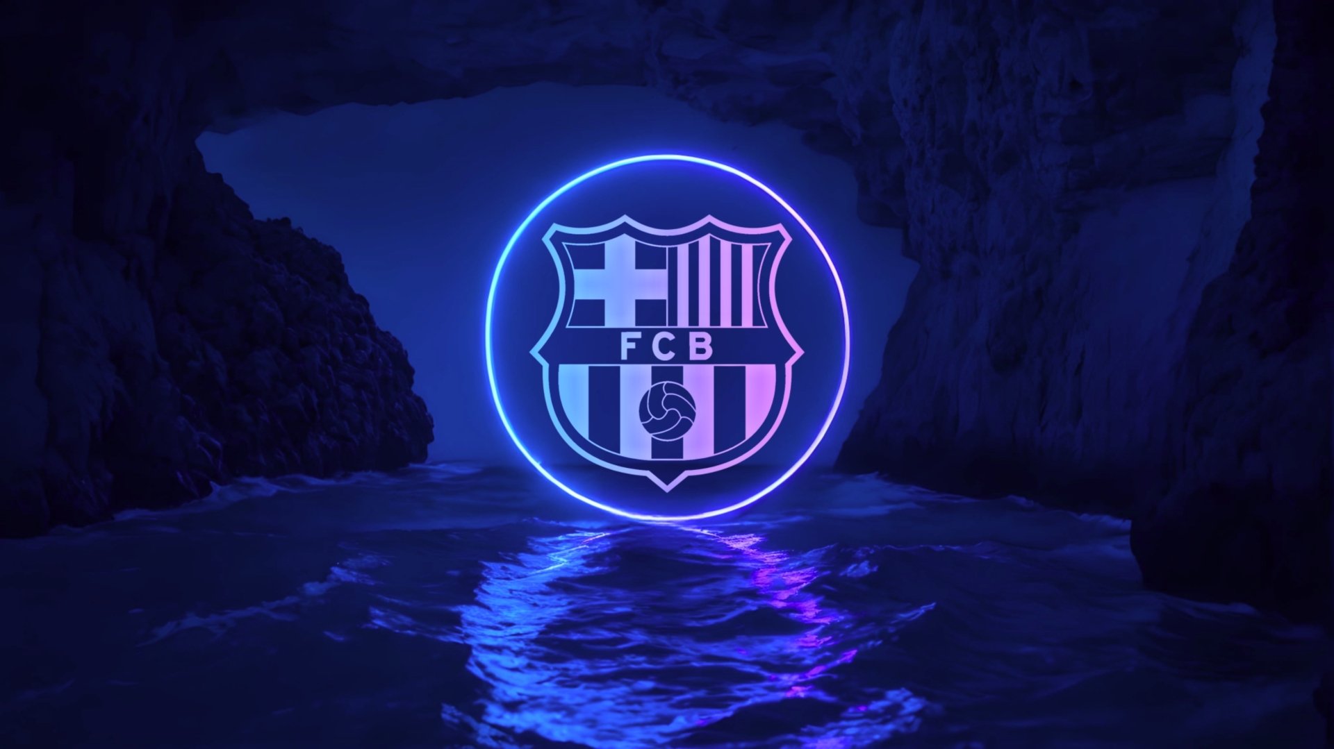 A vibrant, neon-lit FC Barcelona logo glowing against a backdrop of a serene, dark ocean and rocky caves, creating a captivating and otherworldly scene