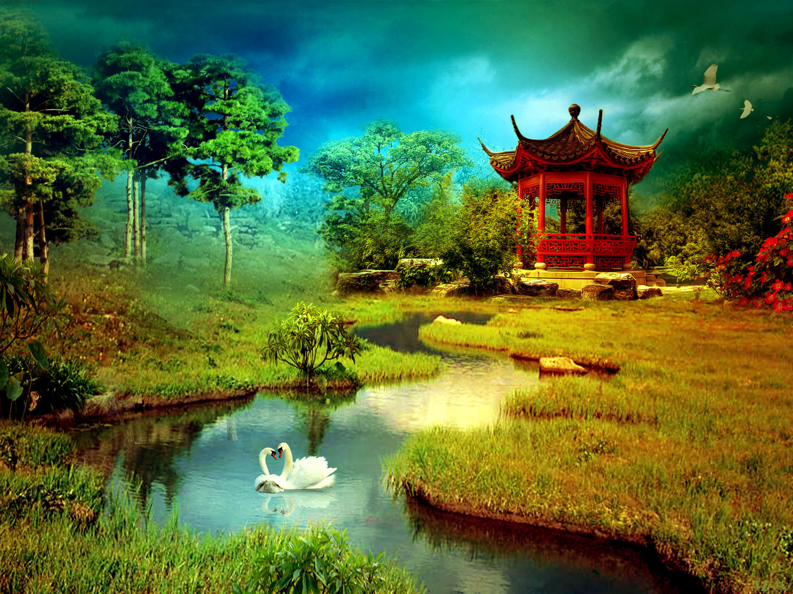 3D rendering of a serene landscape with a gazebo and two swans