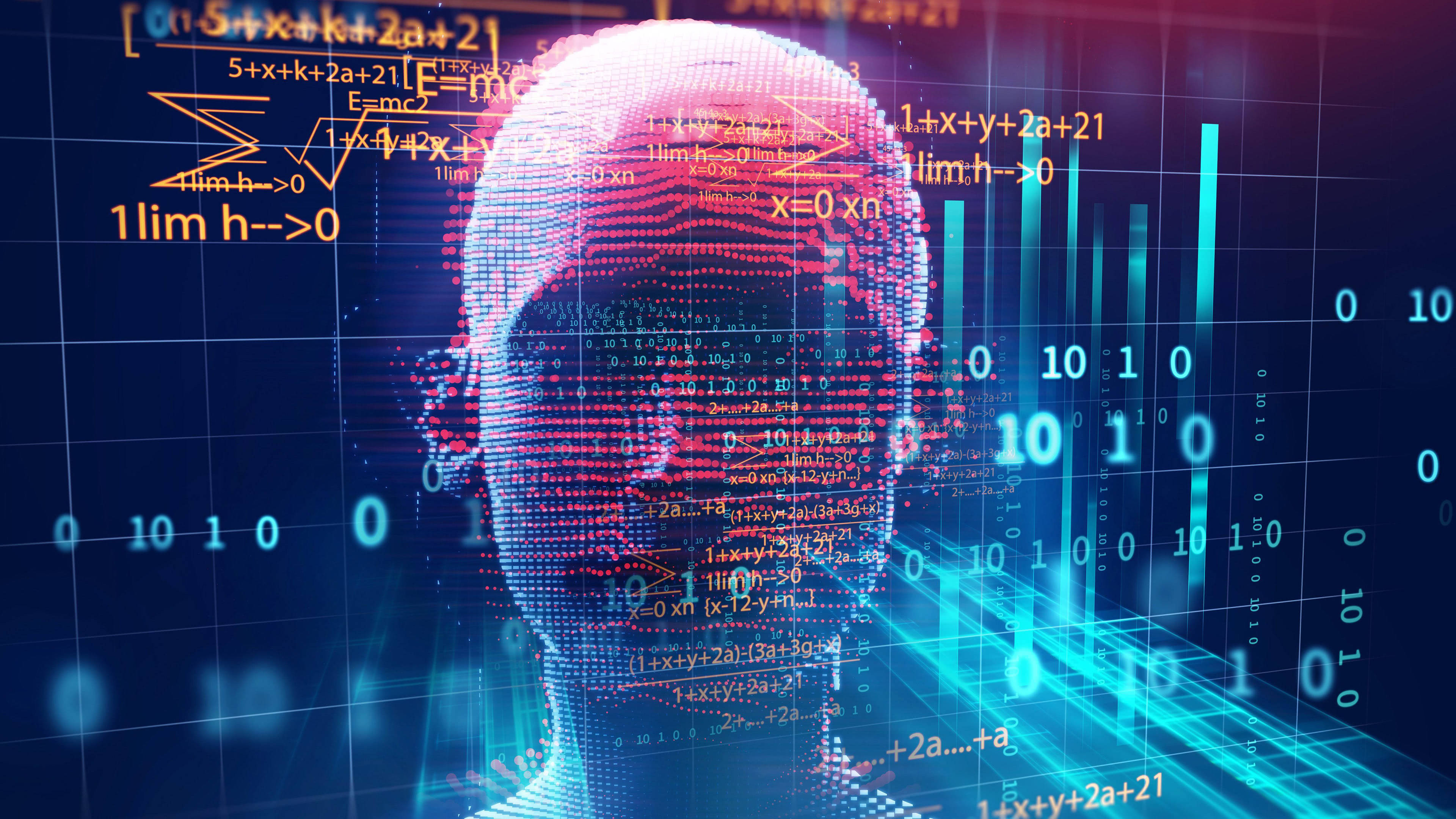 A 4k wallpaper showcasing a human head rendered in a point cloud style. The head is overlaid with mathematical formulas, binary code (0s and 1s), and glowing lines, evoking a futuristic and technological AI theme
