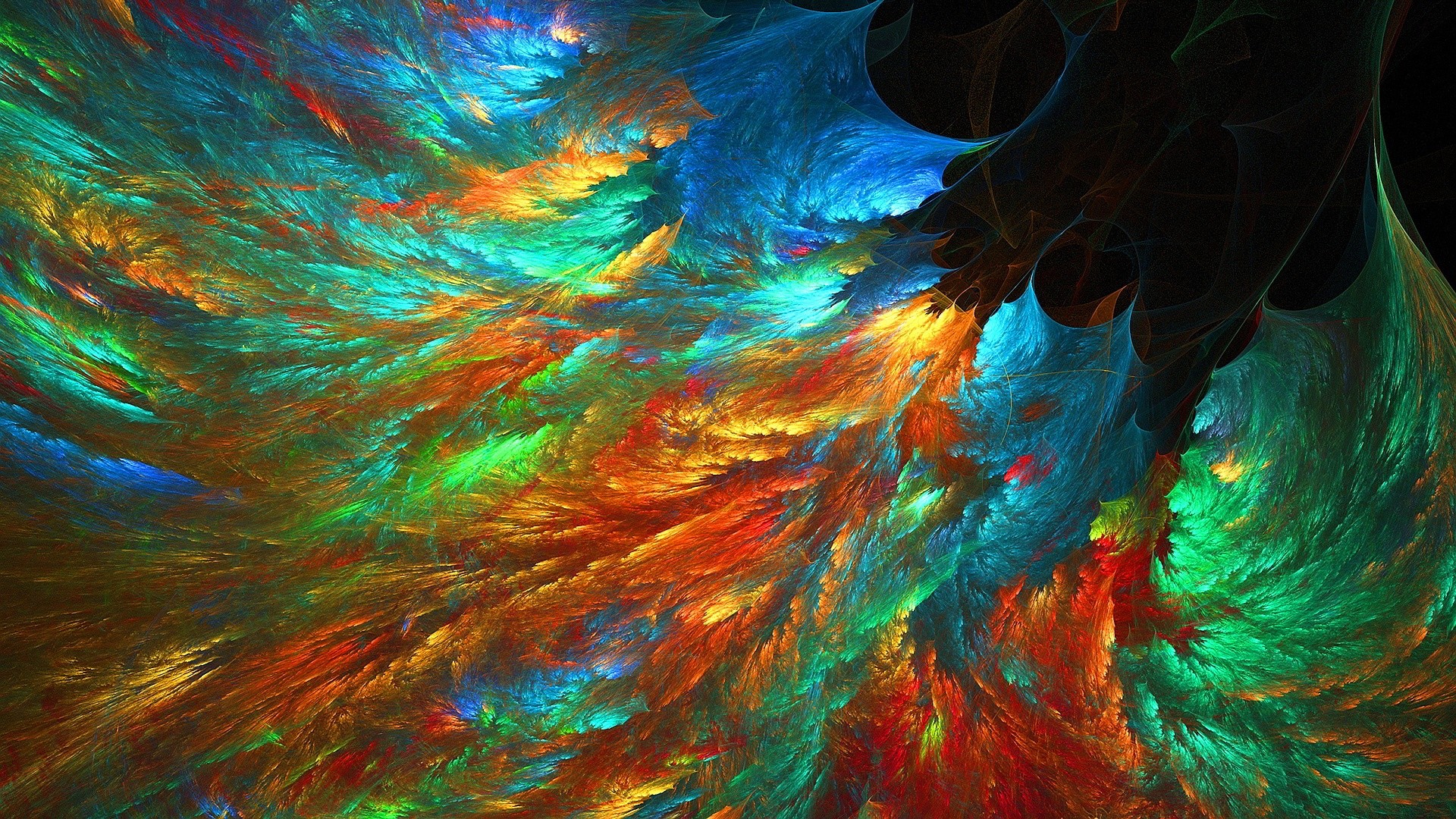 A vibrant abstract artwork with swirling patterns of teal, orange, red, and green, resembling a dynamic and colorful explosion or a feathery texture