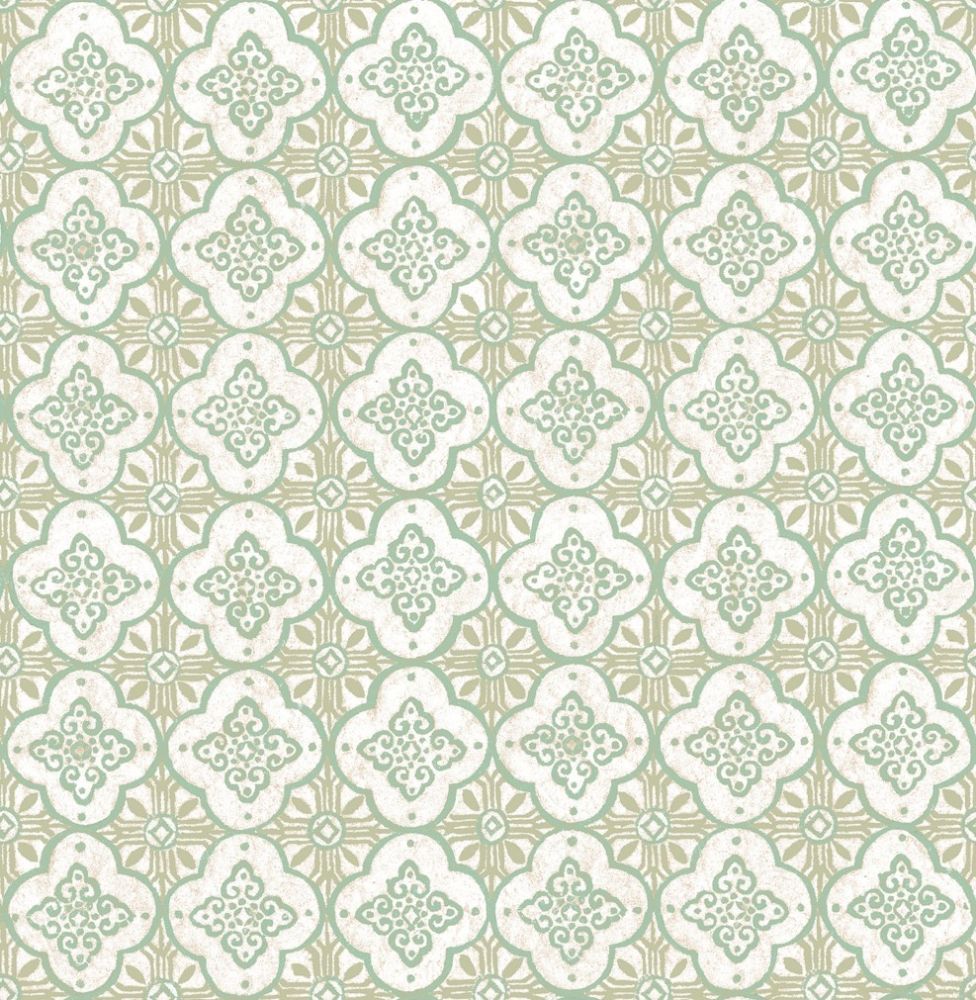 Tile Mosaic Green Cream Geometric Wallpaper