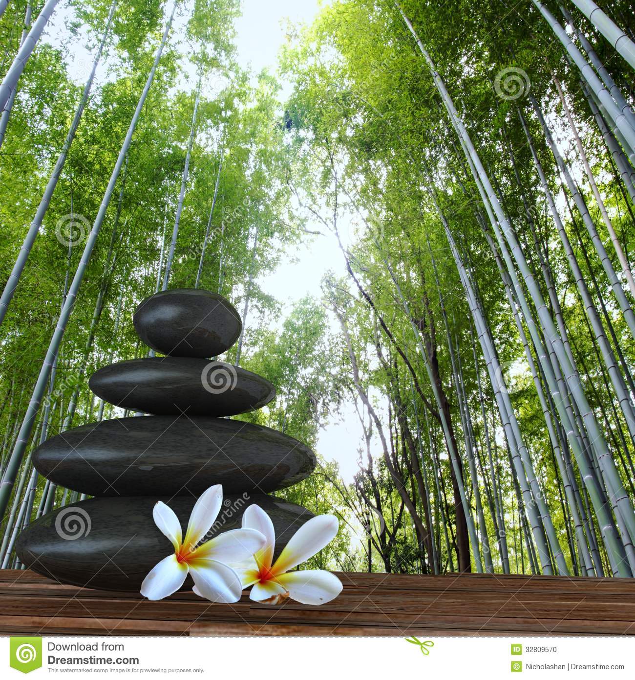 Zen Basalt Stones And Bamboo Stone With Flower In