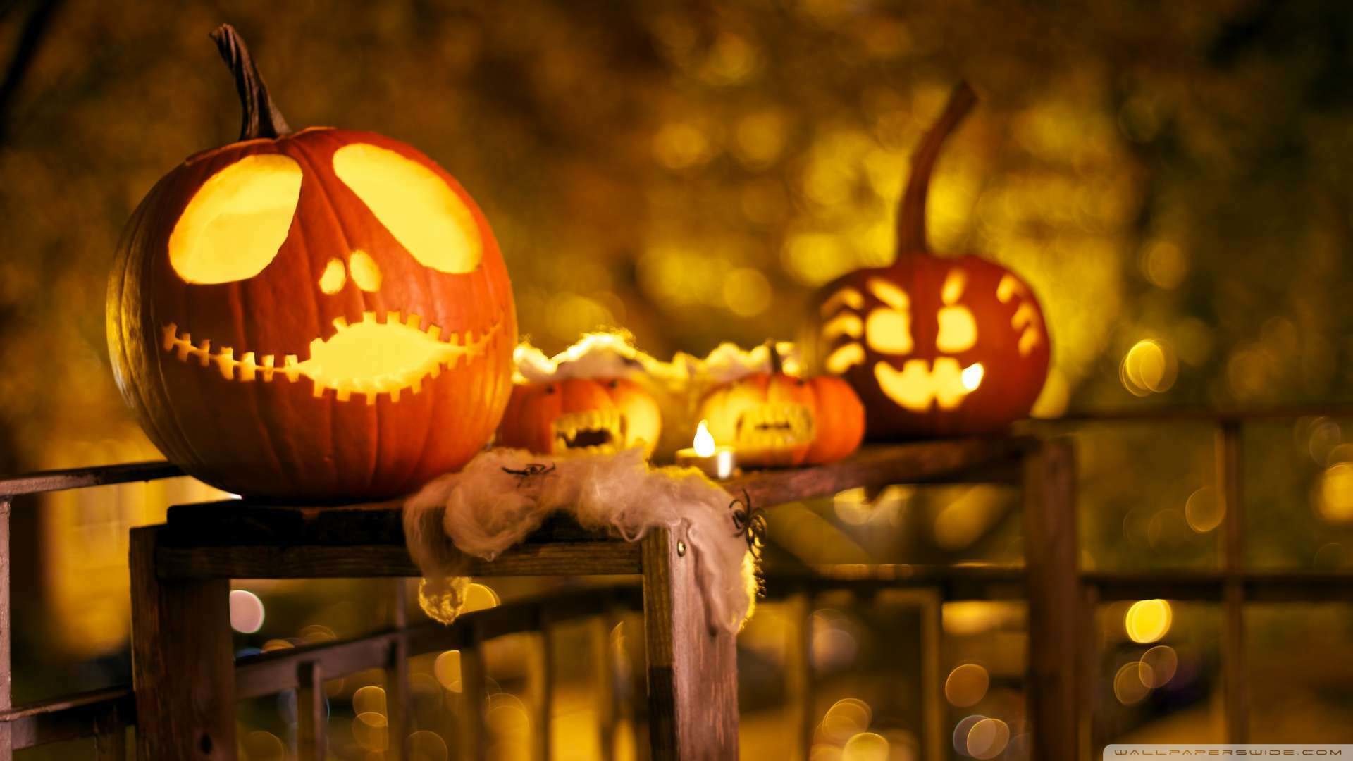 Carved pumpkins lit from within create a spooky yet charming Halloween scene, perfect for Kawaii Halloween aesthetics