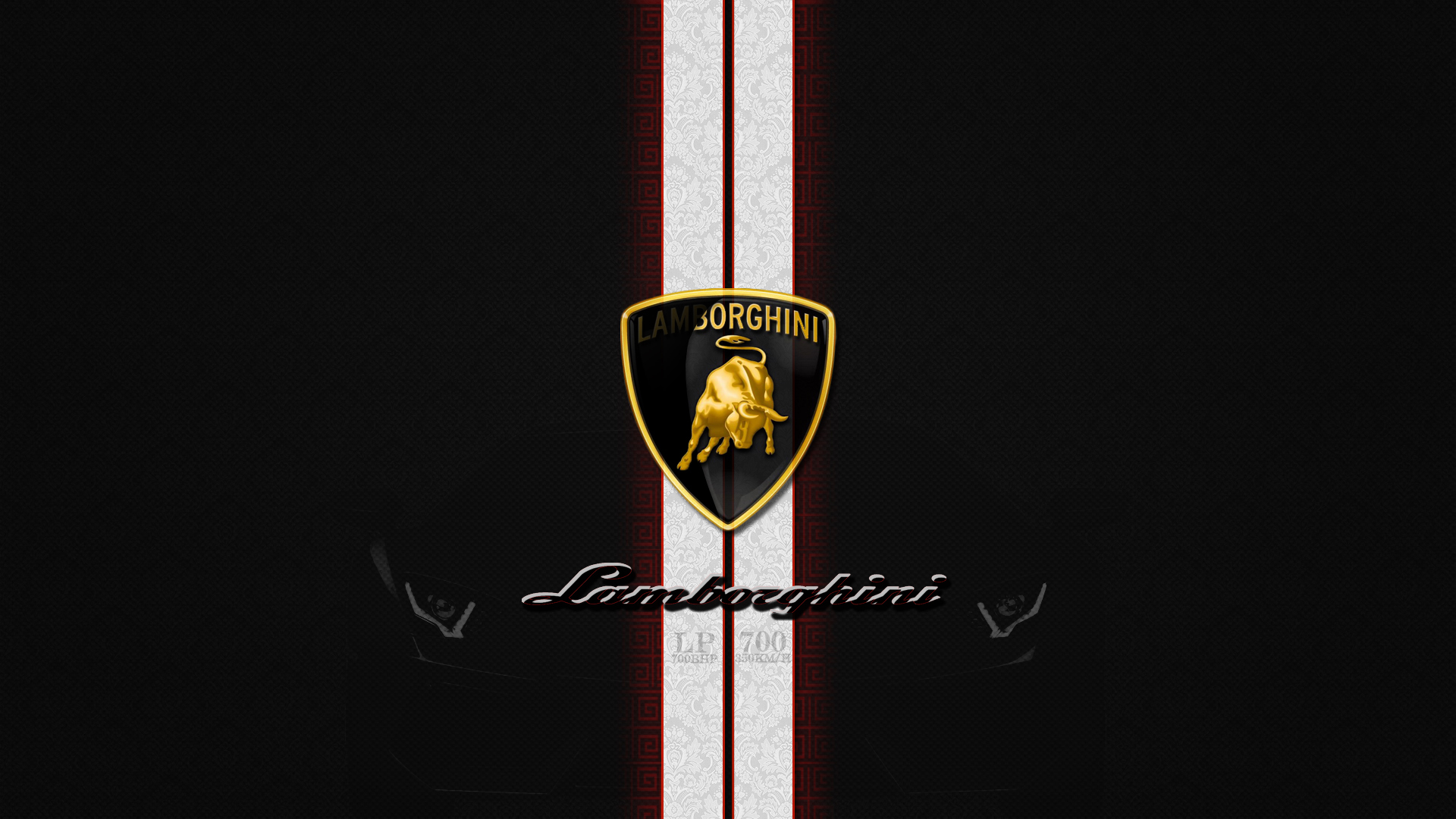 Lamborghini logo on a black carbon fiber background with white and red racing stripes