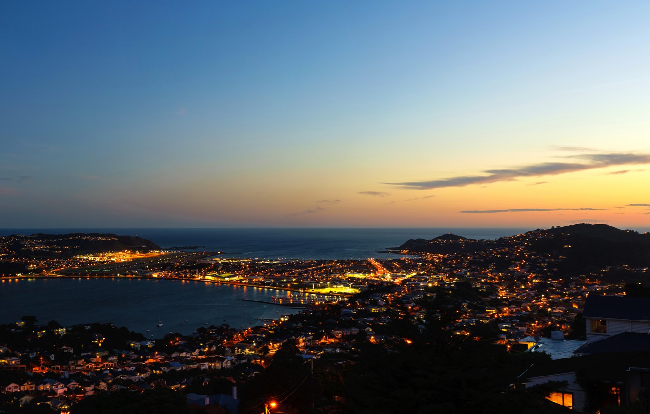 Wallpaper sea night lights coast home New Zealand panorama