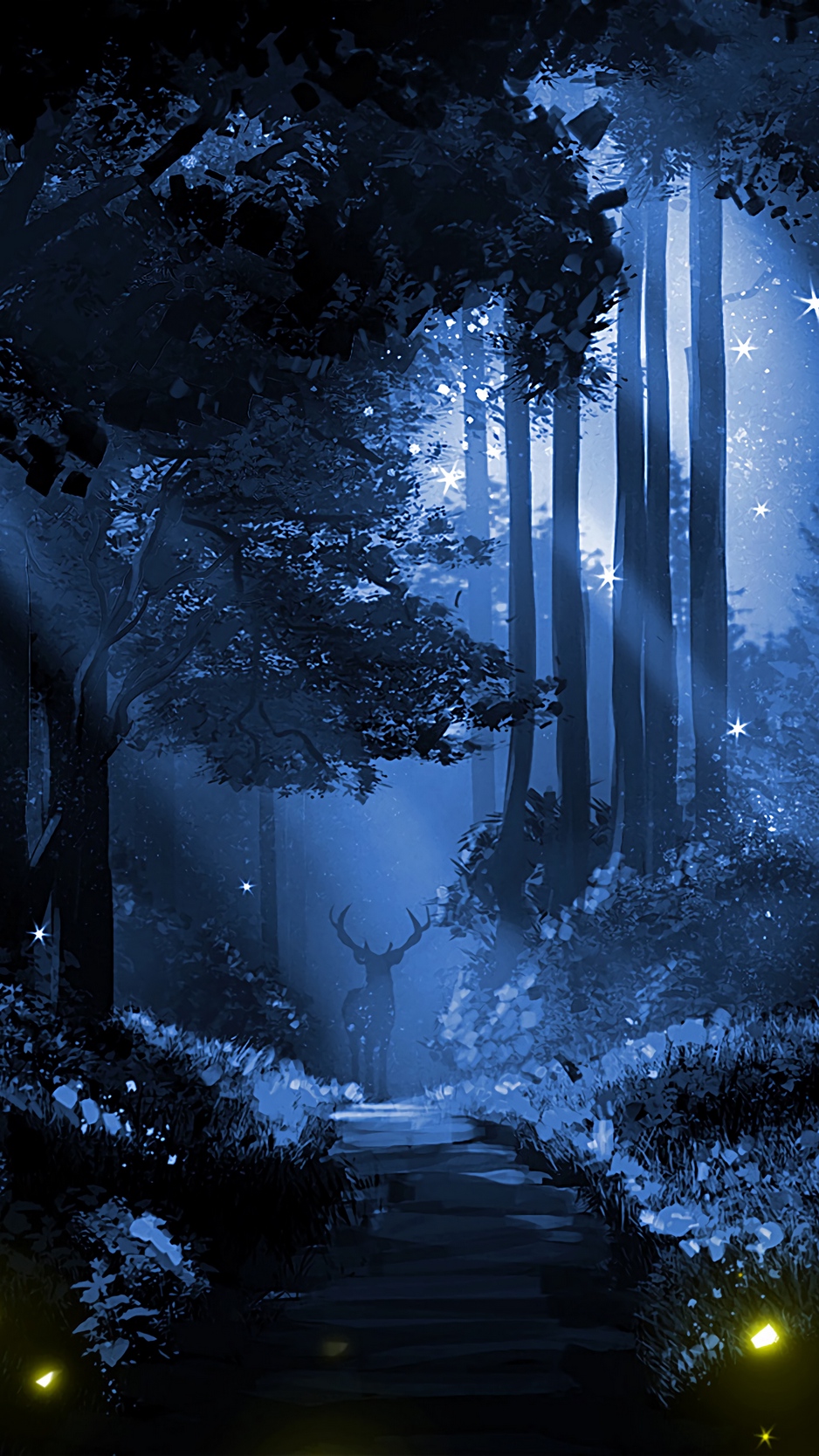 Wallpaper Deer Silhouette Forest Art Night
