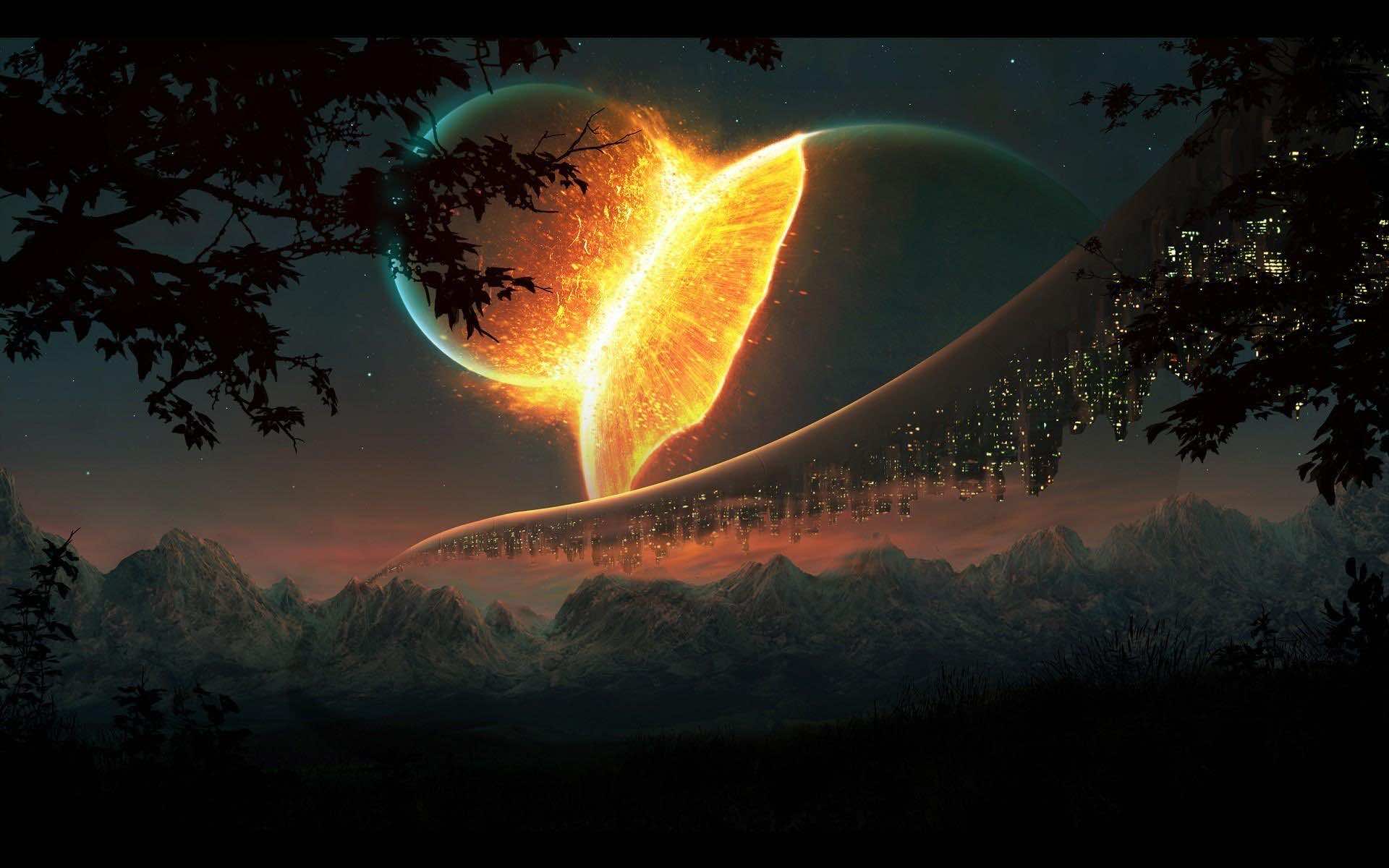 Two planets colliding in space with a futuristic city built on the rings of one of the planets. Mountains and trees are visible on a nearby planet