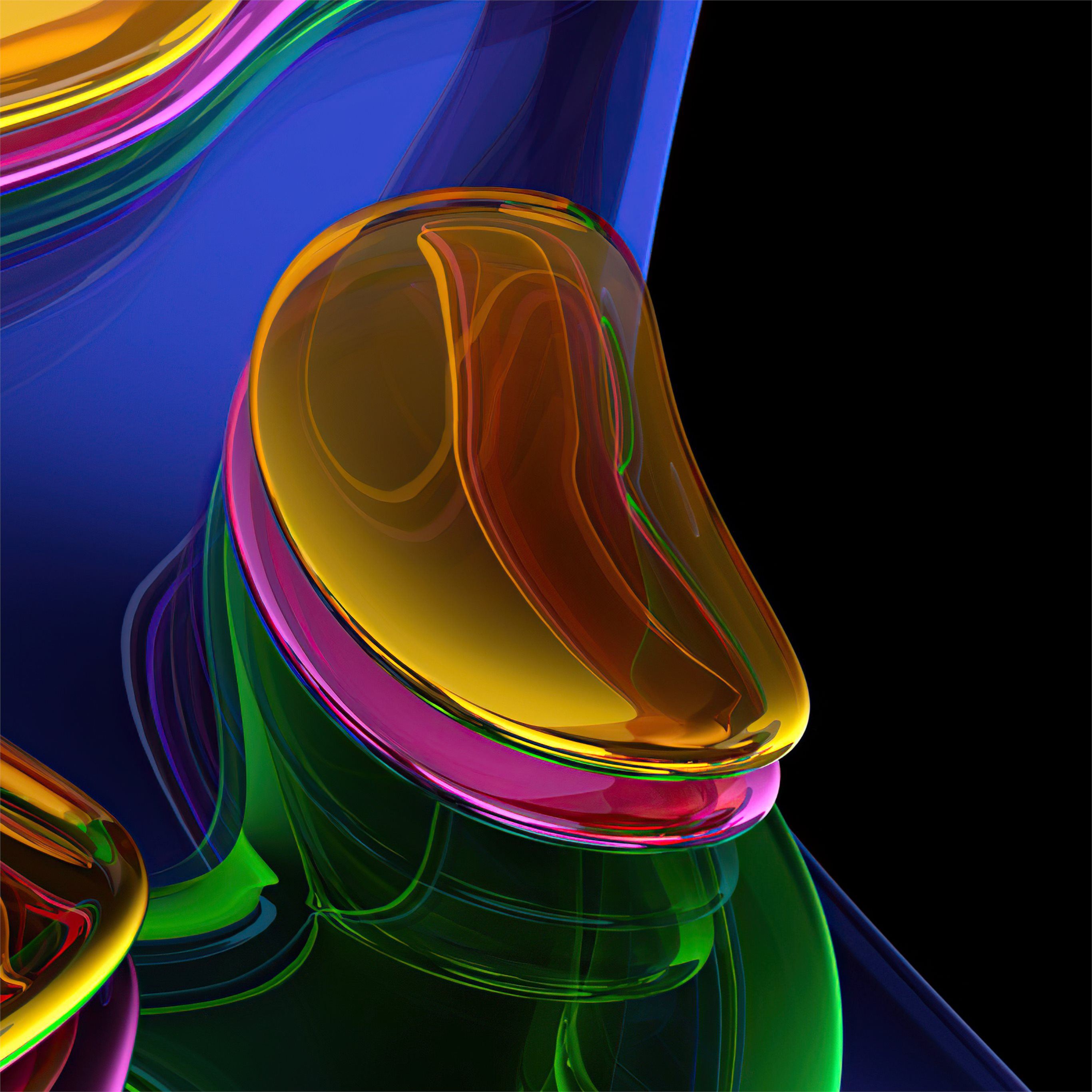 Abstract 3D art with swirling shapes in vibrant colors like blue, gold, green, and pink against a black backdrop