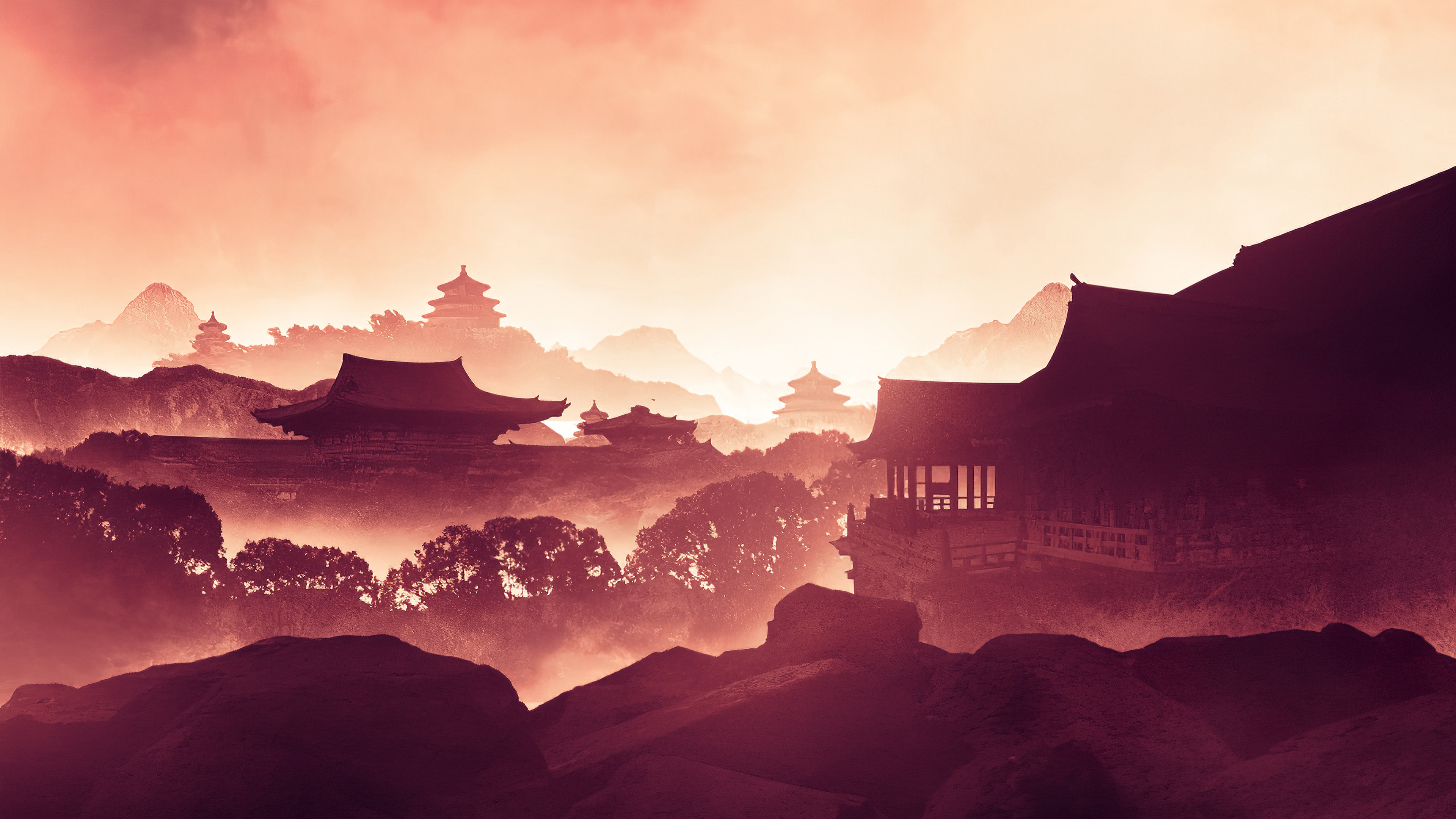 Silhouetted East Asian temples in a misty mountain landscape at sunset, in a painterly 4k art style