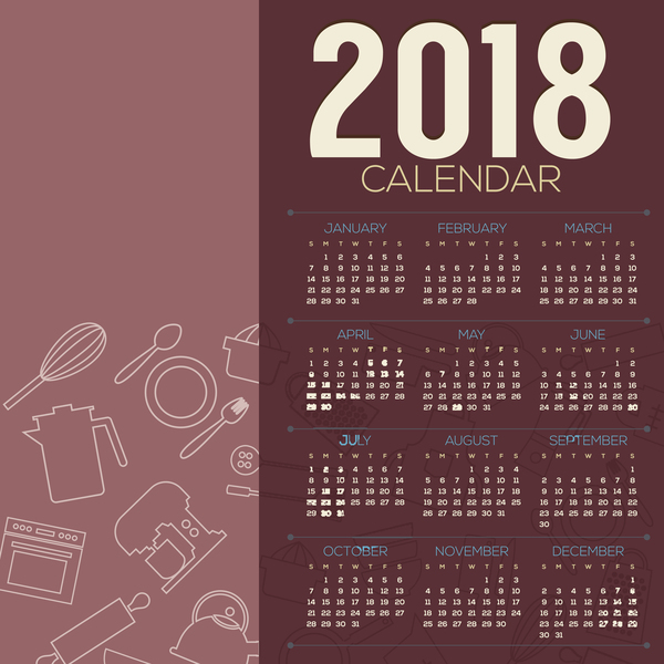 2018 calendar template with kitchenware background vector