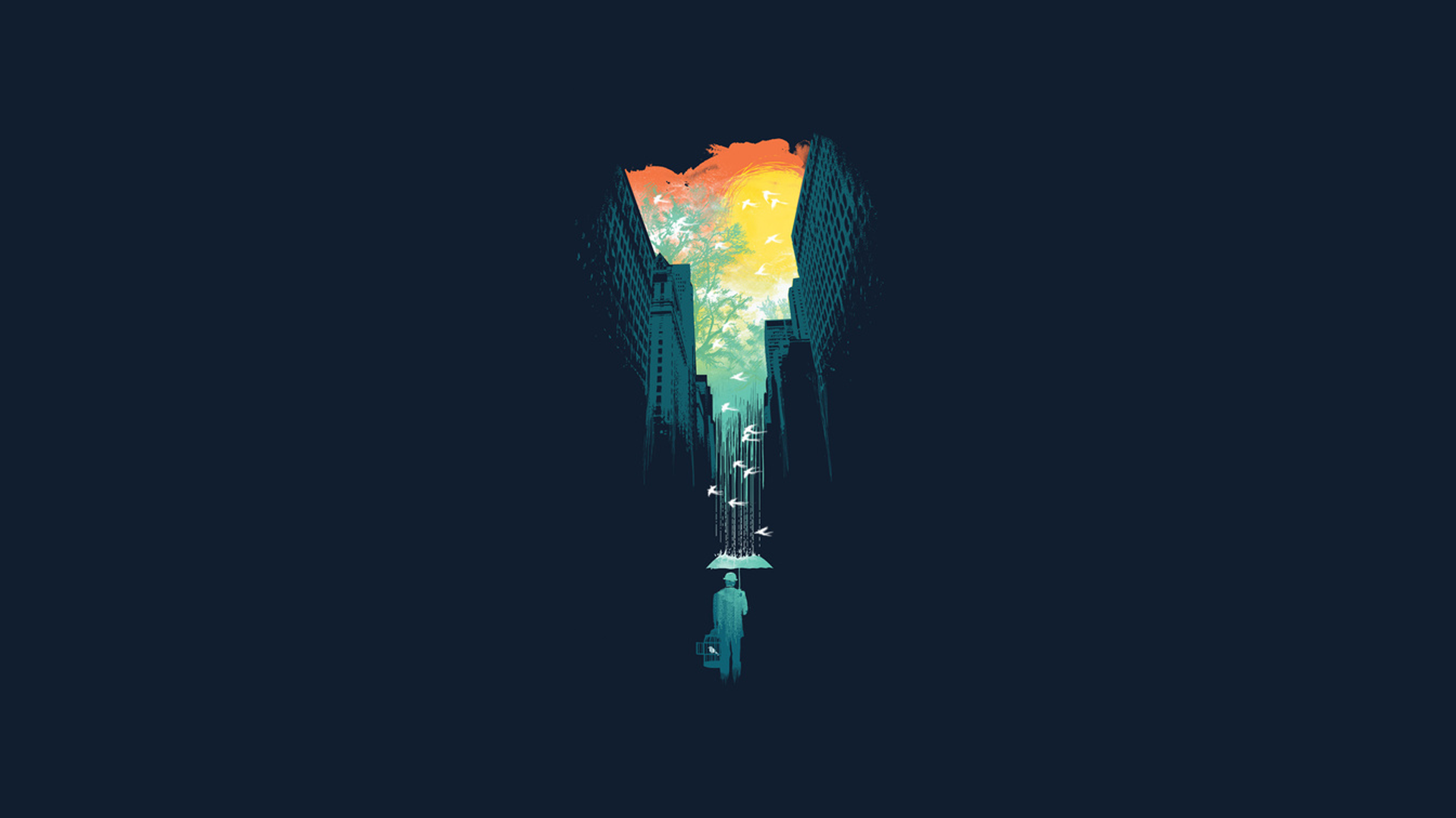 Minimalist wallpaper featuring a silhouetted figure walking towards a cityscape gap revealing a vibrant sunset sky and flying birds