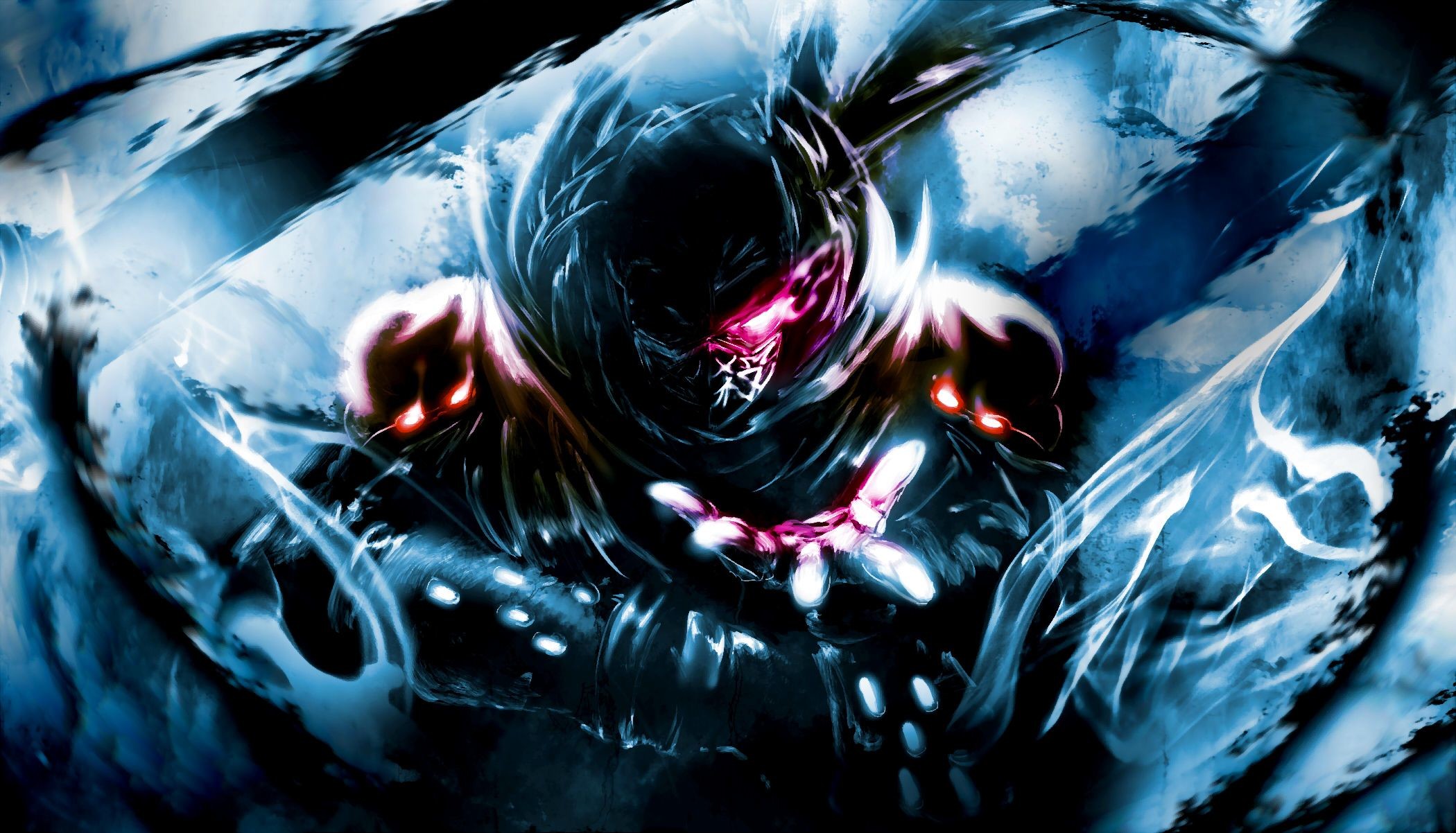 A cool anime wallpaper featuring a dark, shadowy figure with glowing red eyes and intricate details, exuding a mysterious and powerful aura