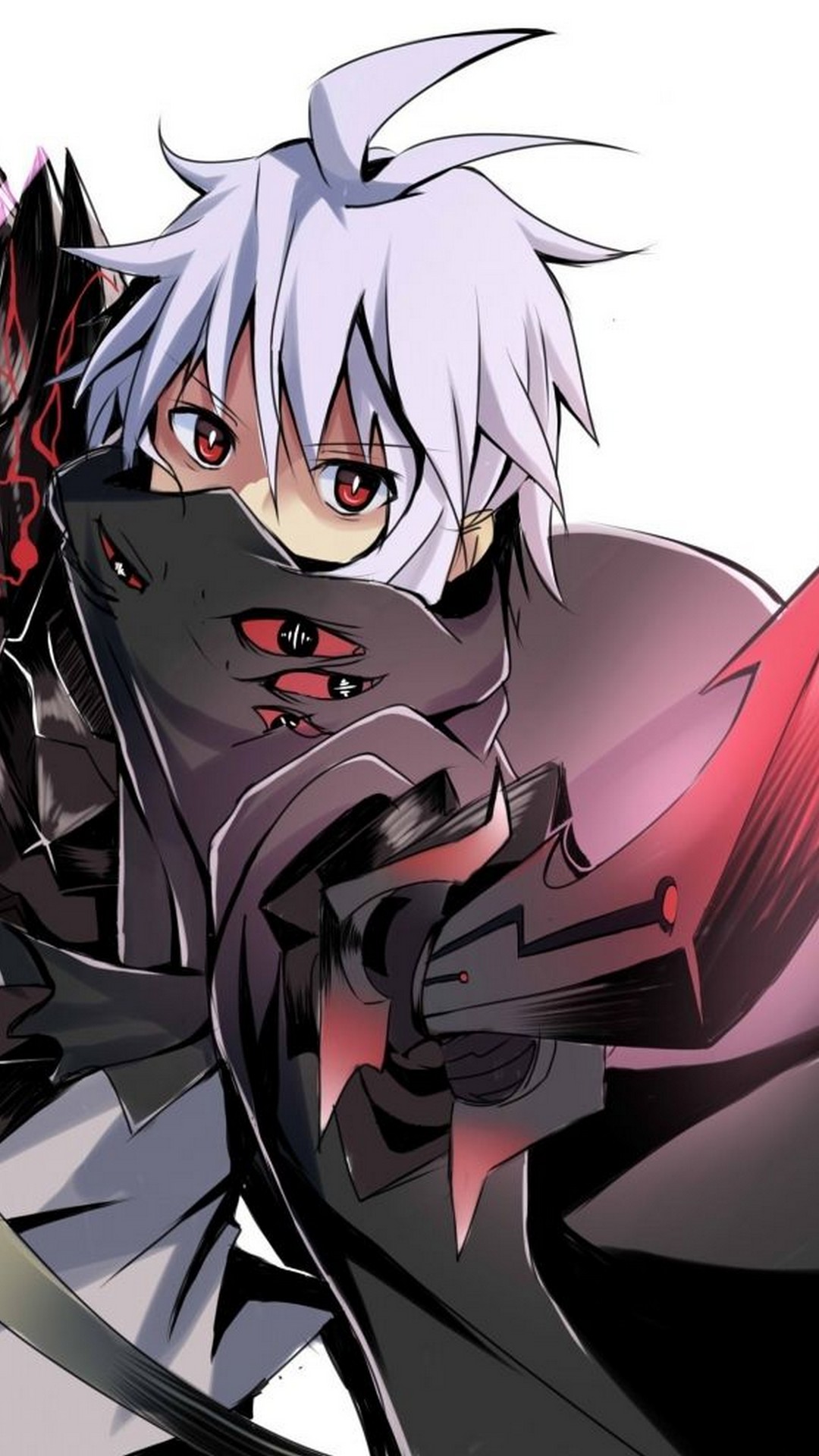 A cool anime wallpaper featuring a white-haired male character with red eyes and a black mask. He wears a dark outfit and wields a futuristic weapon
