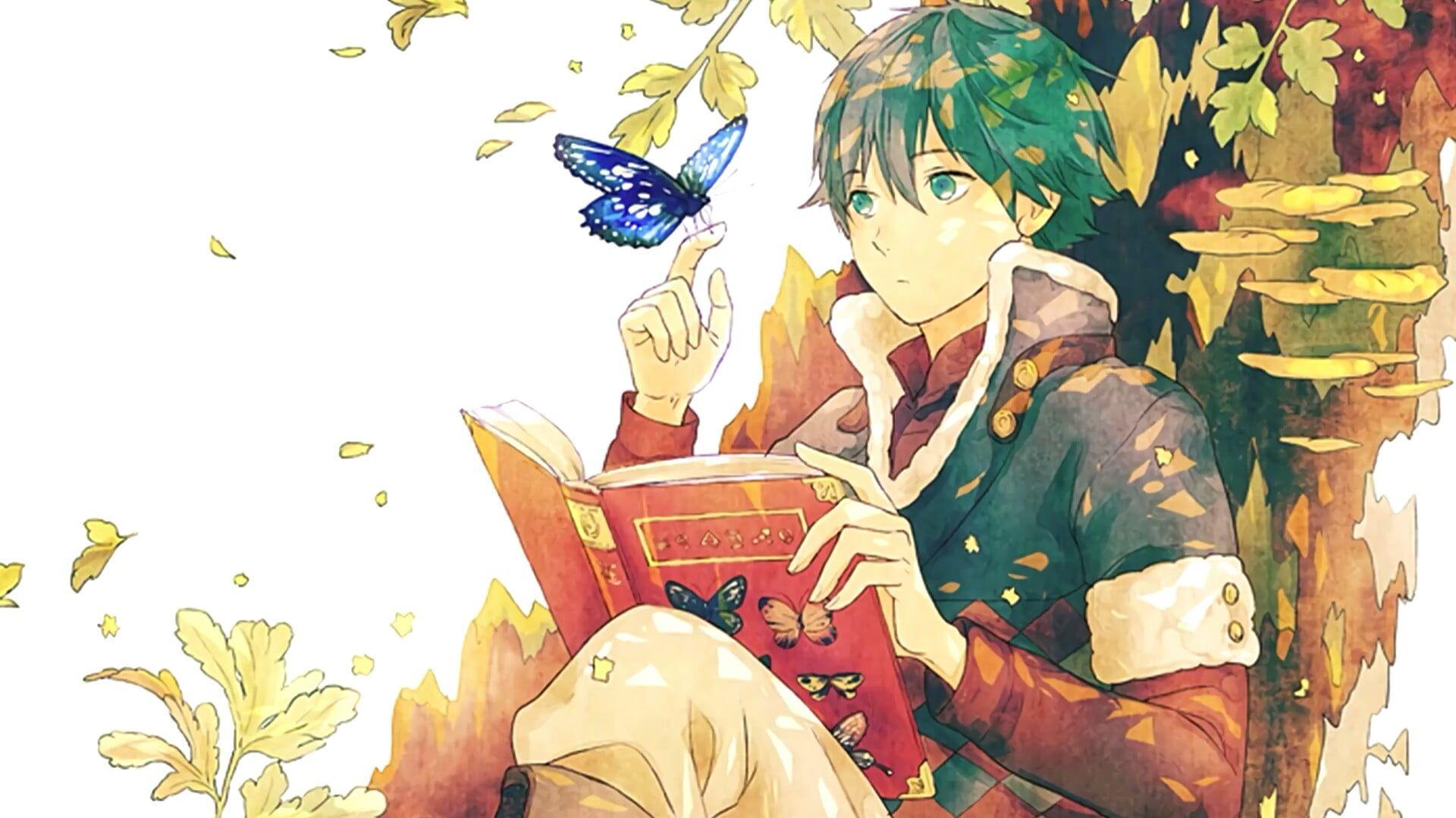 Anime Art Boy Guy Book Read Butterfly Tree