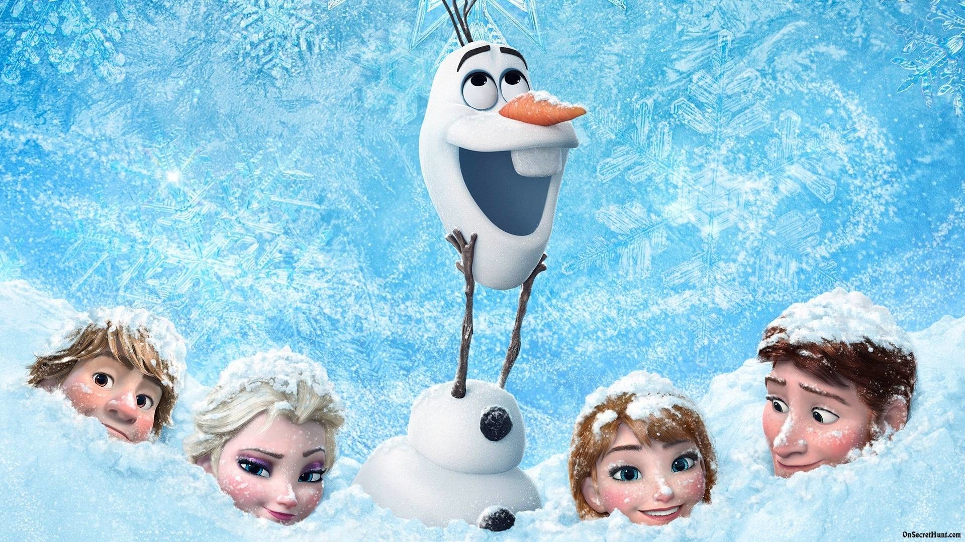 Frozen characters Olaf, Anna, Elsa, Kristoff, and Sven in the snow