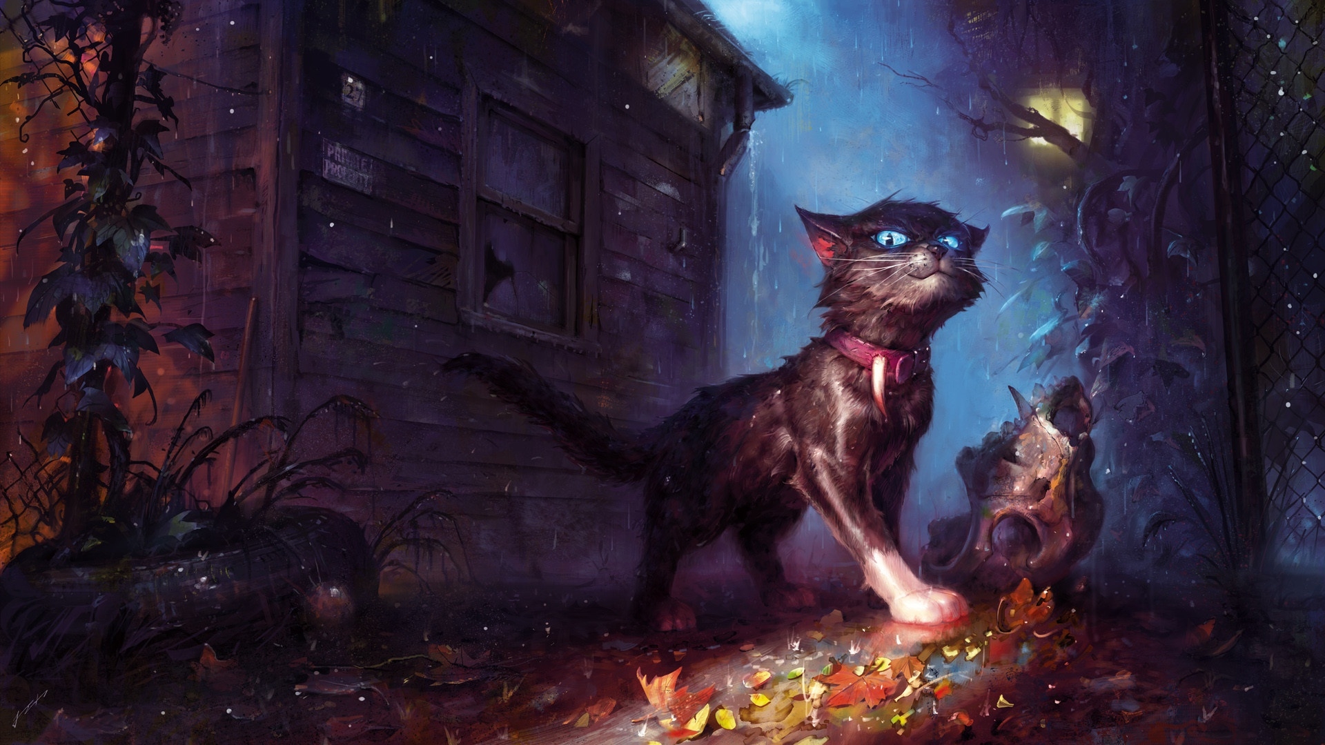 Creepy Cat Fantasy Pets Raining Autumn Painting