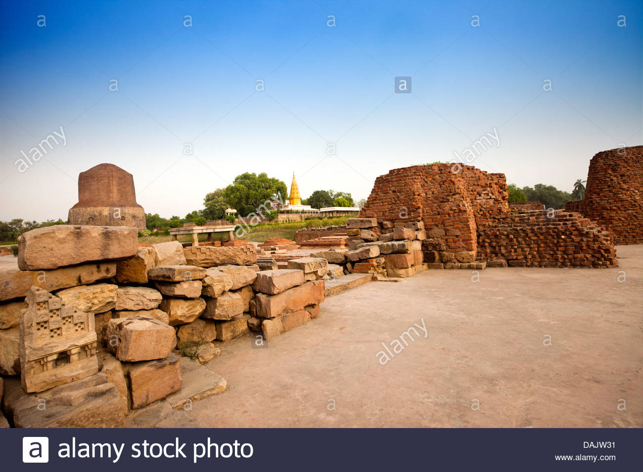 Ruins At Archaeological Site With Dhamek Stupa In The Background
