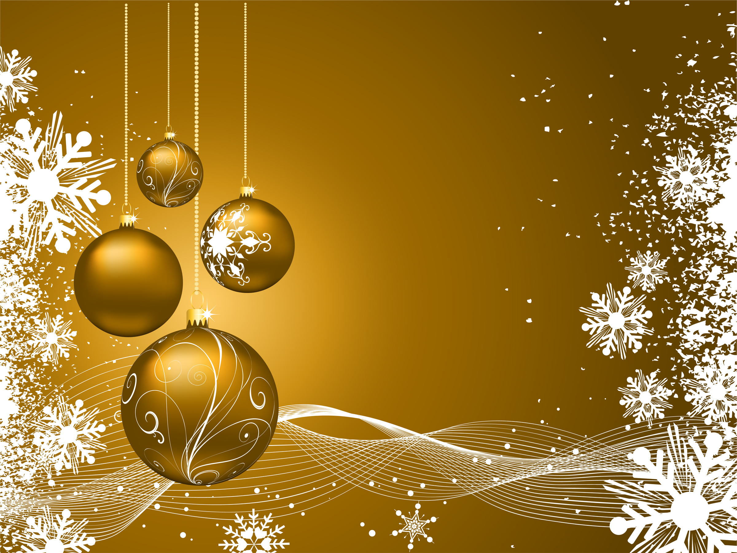 Golden Christmas ornaments and snowflakes on a festive gold background