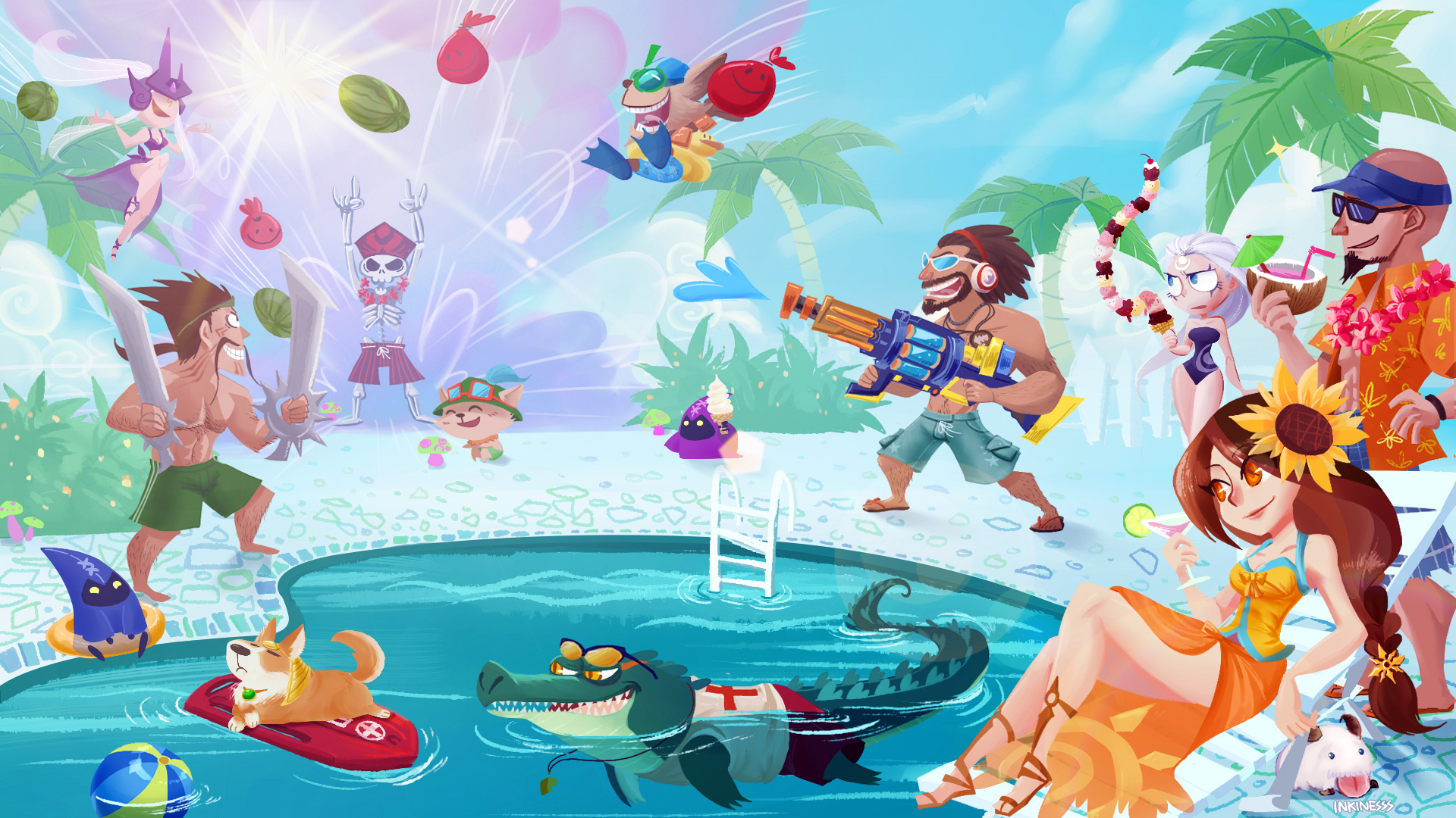 Summer Pool Party League Of Legends Draven Graves Syndra Teemo Ziggs