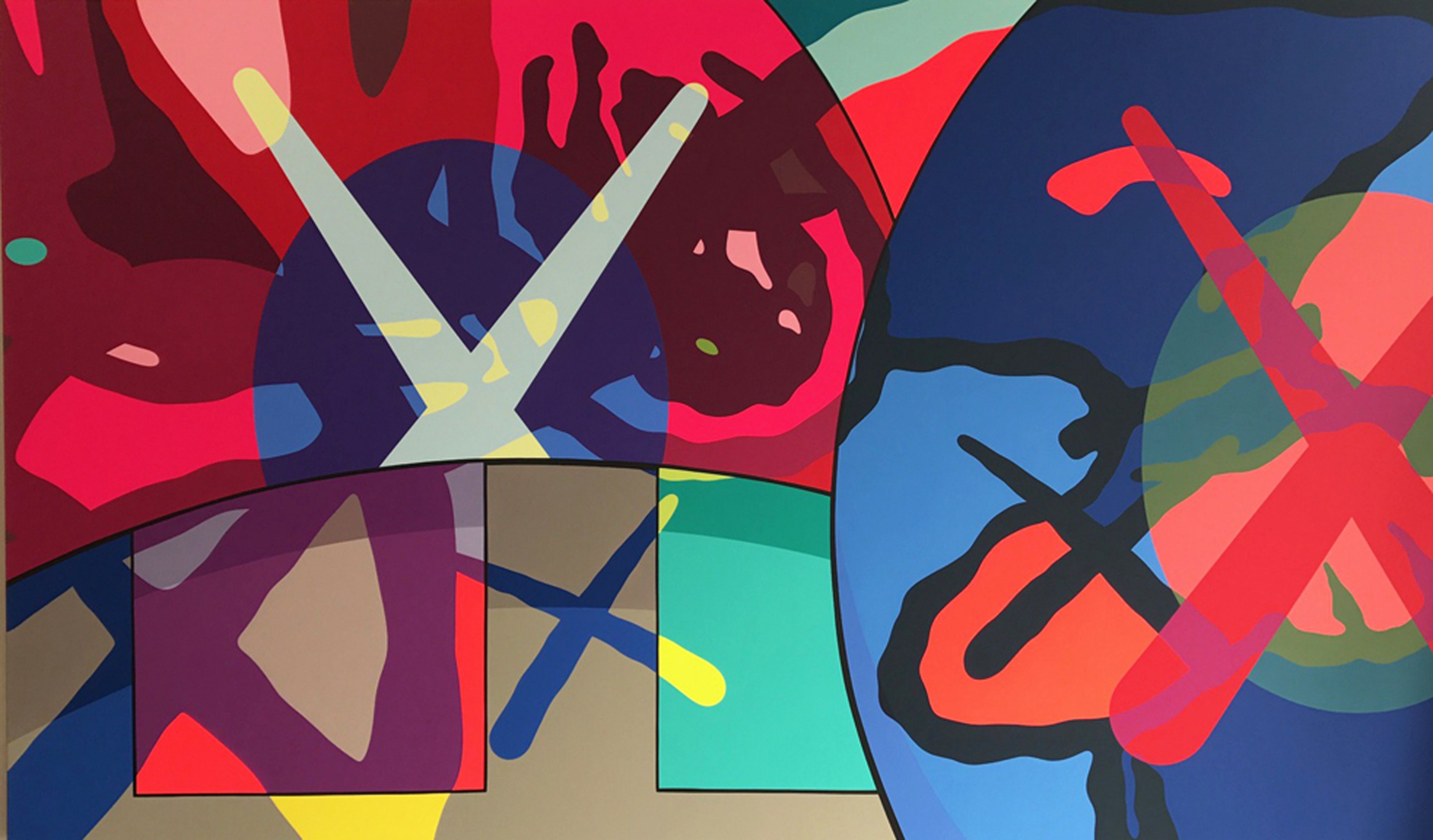 A vibrant close-up of a KAWS artwork, showcasing the artist's signature bold colors, abstract shapes, and iconic 'X' motif