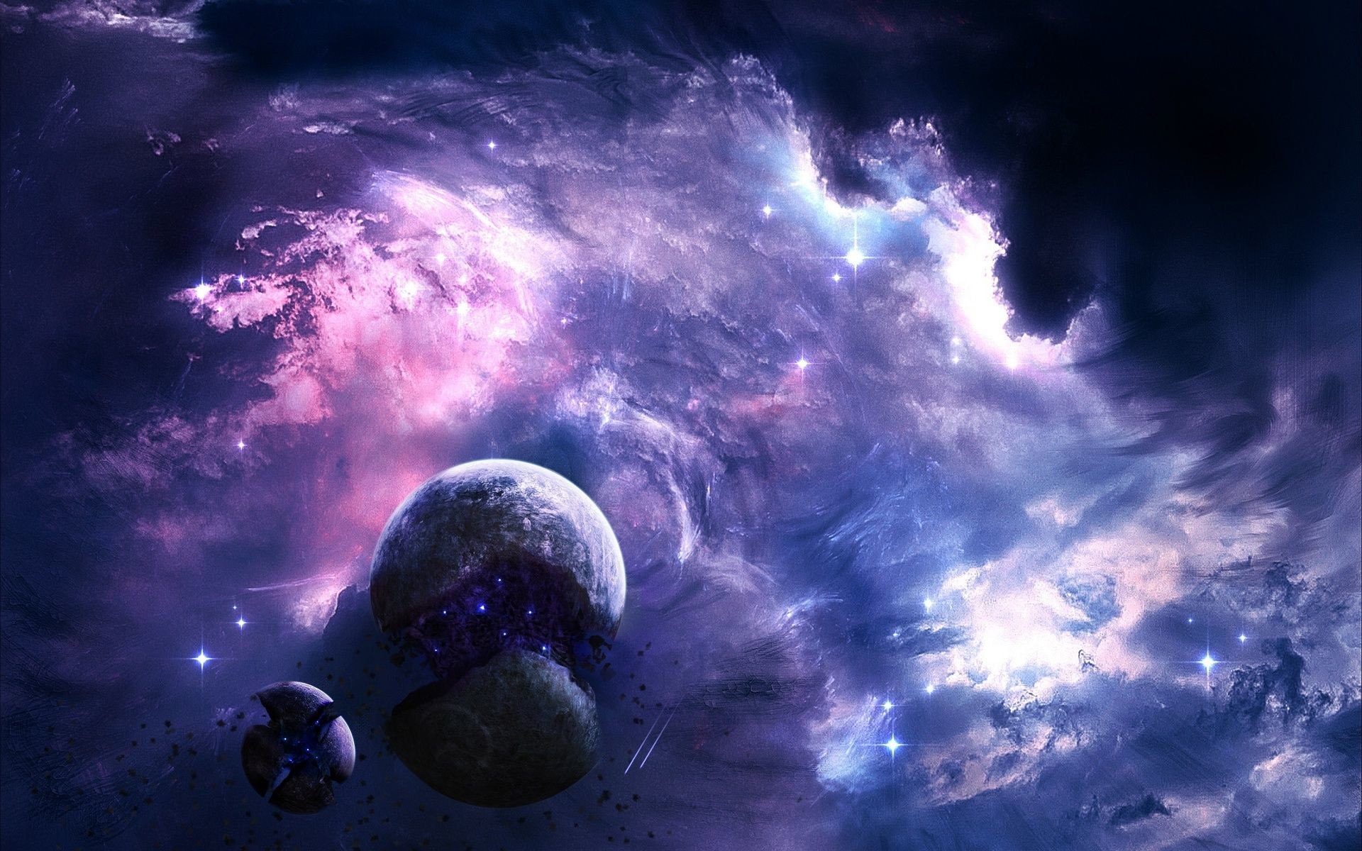 Fantasy space scene with purple nebulae, stars, and crumbling planets