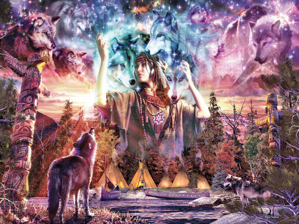 Native American Art With Wolves Wallpaper Image