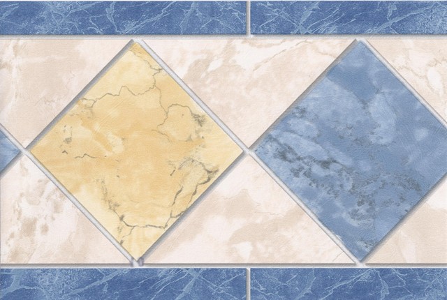 Blue Yellow Cream Tiles Wallpaper Border   Kitchen Bathroom 640x430