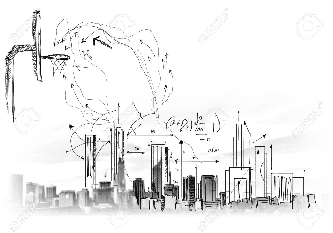 Background Image With Sketches And Drawings On Grey Wall Stock