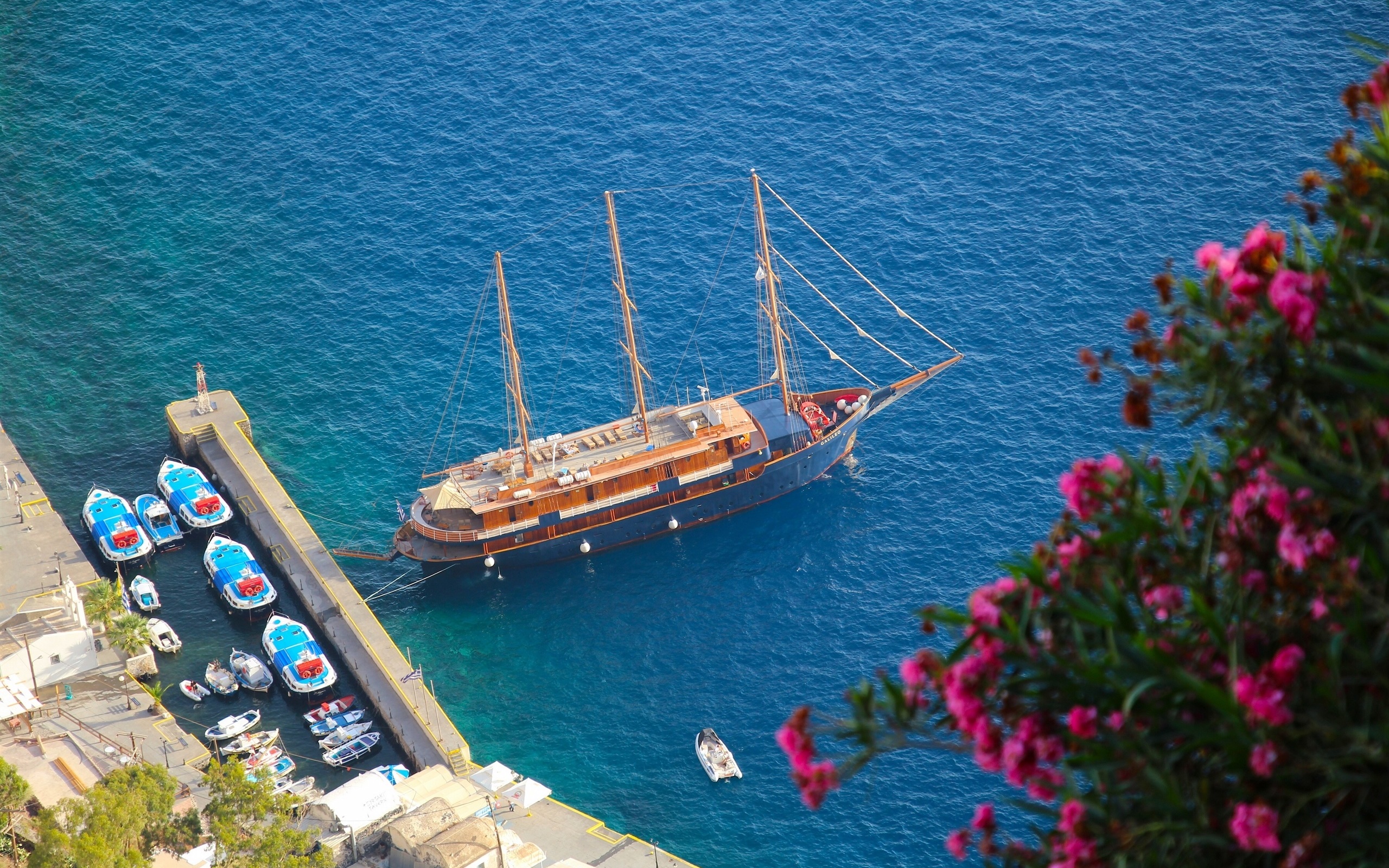 Wallpaper Oia Santorini Greece Aegean Sea Yacht Boat Pier